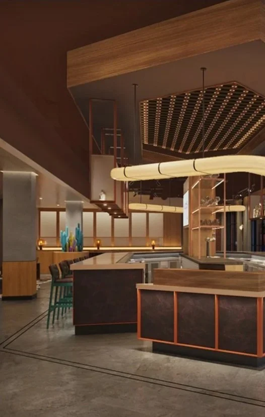 Modern restaurant interior with wooden accents, colorful vases, a bar counter, and decorative lighting.