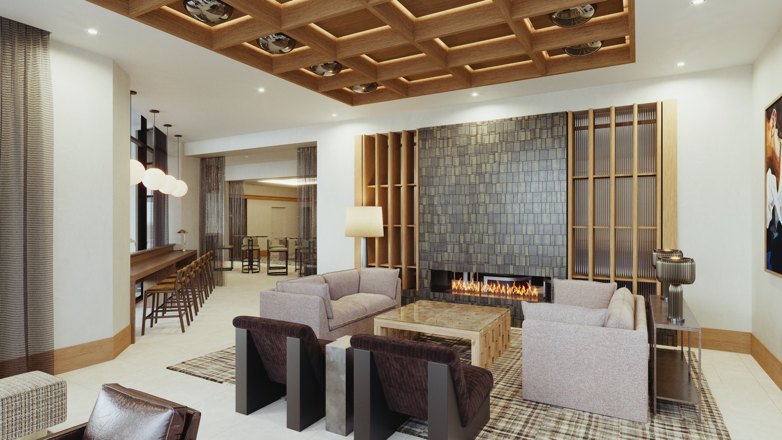 Modern living room with a fireplace, beige sofas, wooden accents, large windows with curtains, and a decorative ceiling design.