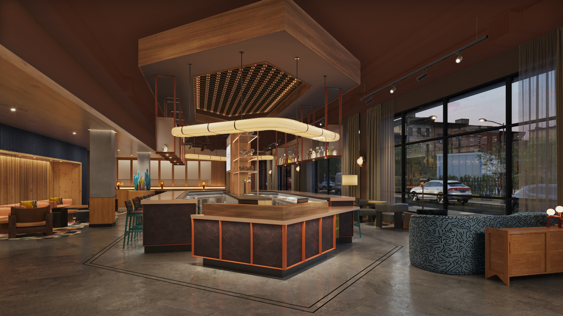 Modern interior of a restaurant or lounge with a focus on a circular bar area, decorative lighting, large windows with curtains, and stylish furniture including cushioned chairs and a patterned armchair.