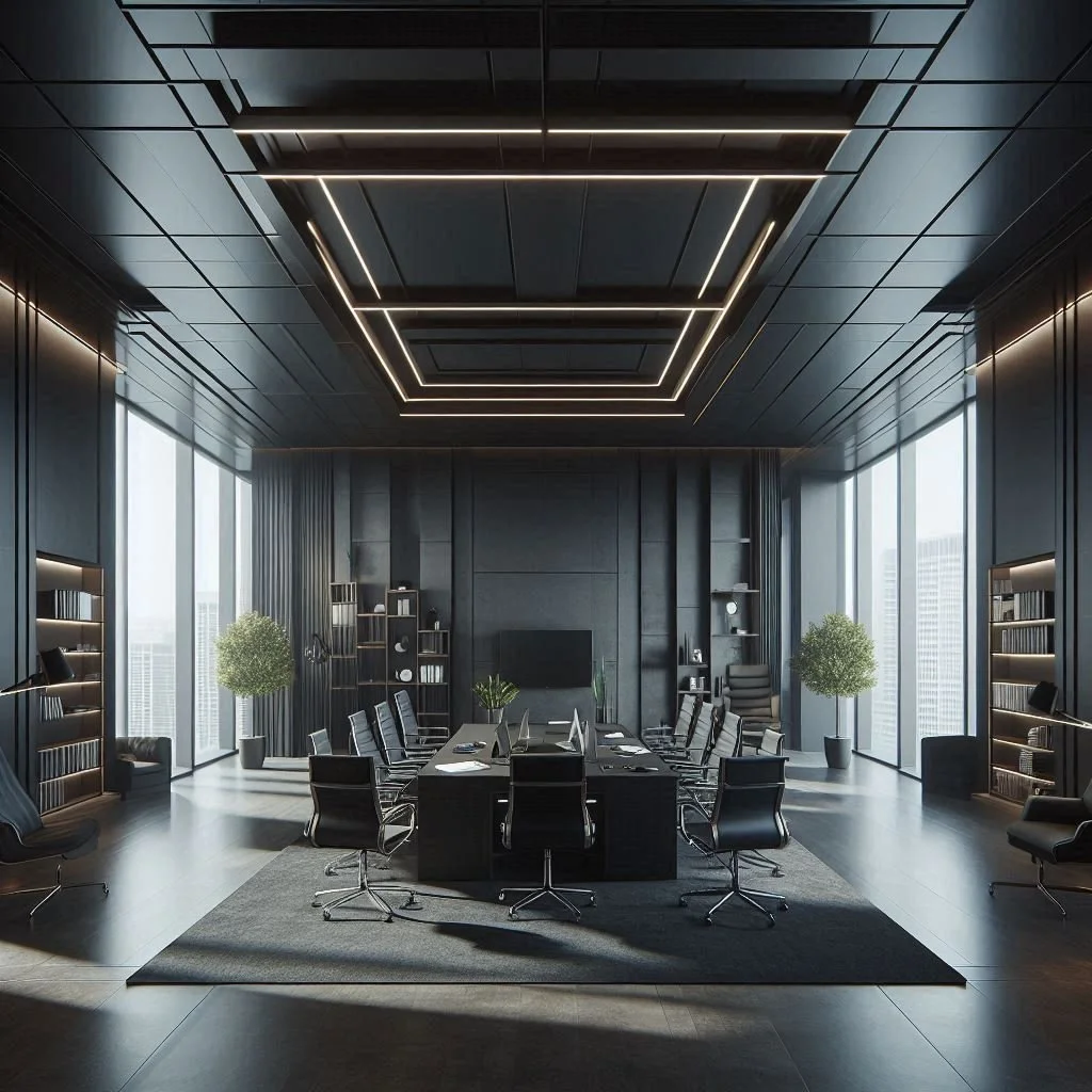 Modern, sleek conference room with a large table surrounded by black office chairs, large windows with city views, black walls with built-in shelves, and contemporary lighting fixtures on the ceiling.
