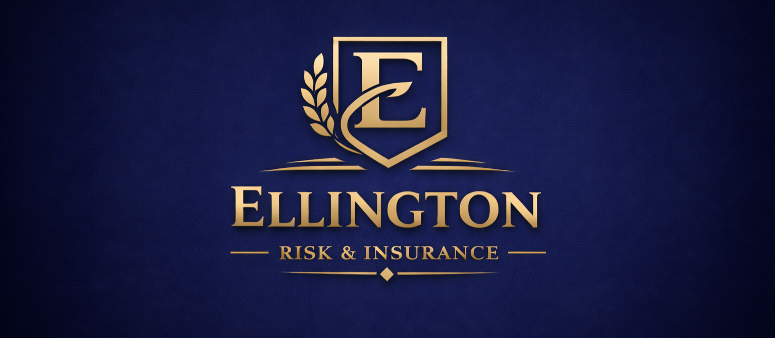 Ellington Risk & Insurance logo with a gold shield and laurel design on a dark blue background.