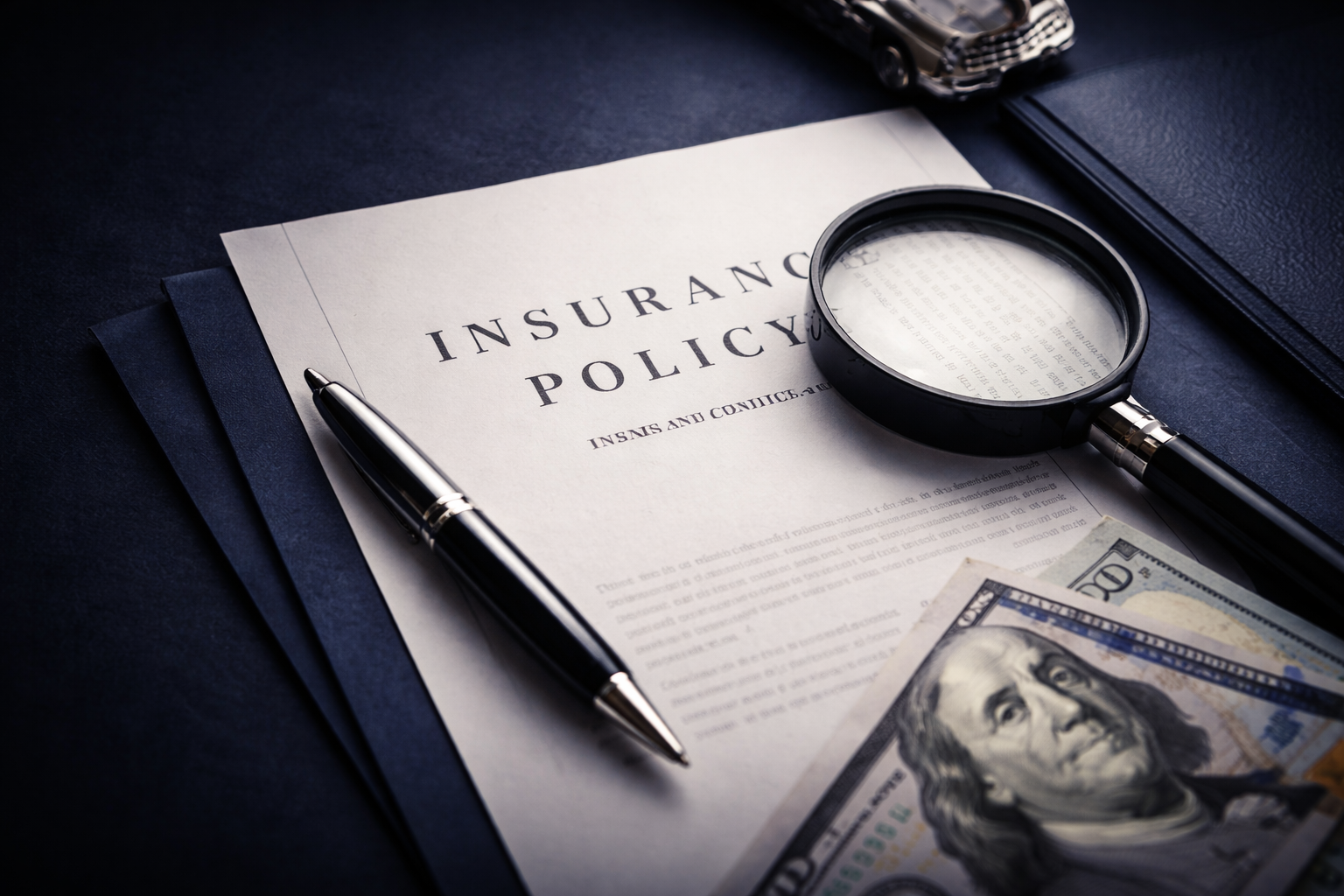 Insurance policy document with a pen, a magnifying glass, and US dollar bills on a dark surface.
