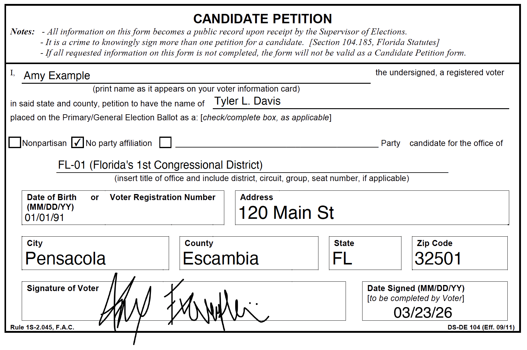 Sample voter registration form with fields for name, party affiliation, office candidacy, birth date, address, city, county, state, zip code, signature, and date signed.