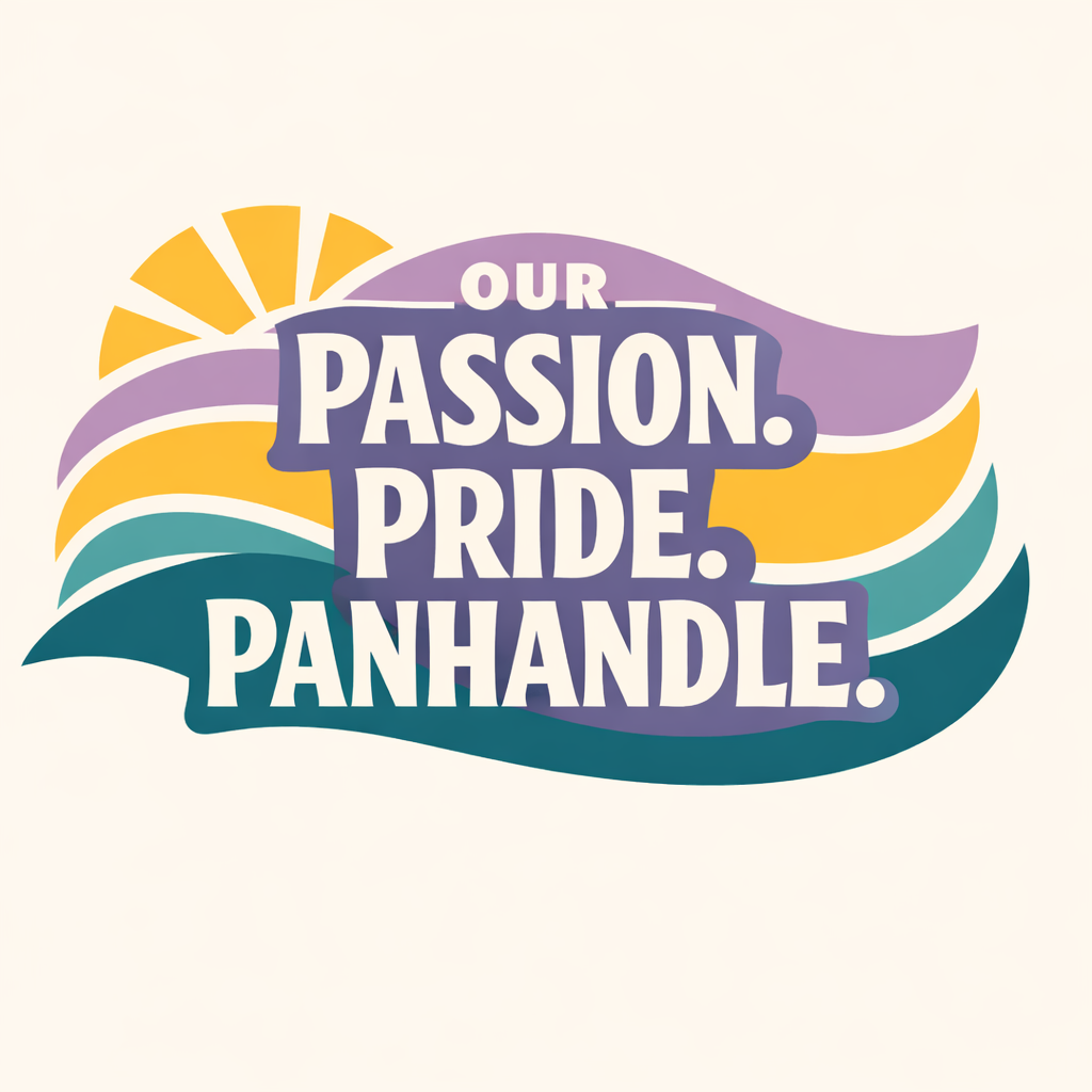 Colorful graphic with sun, waves, and text: "Our Passion. Pride. Panhandle."