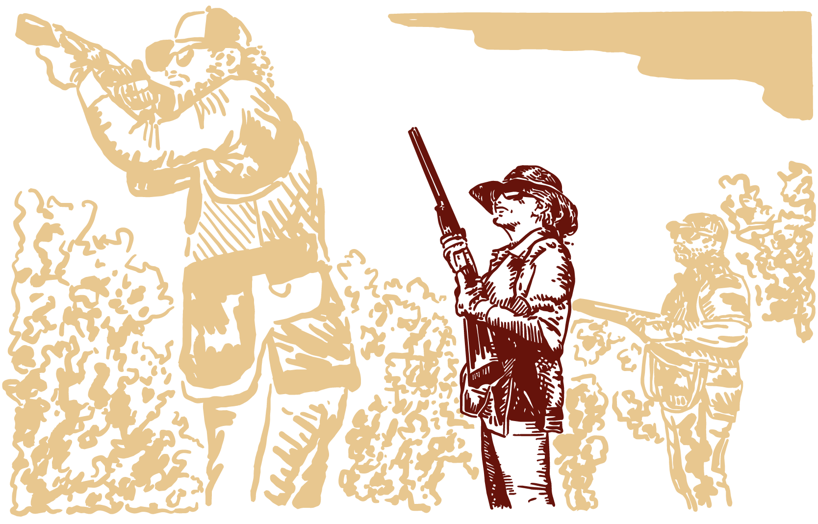 A stylized illustration of three shotgun-carrying hunters in the field. A woman in the center stands out in a dark brown for emphasis, while the two men and surrounding foliage and scene detail are a more subtle cream color.