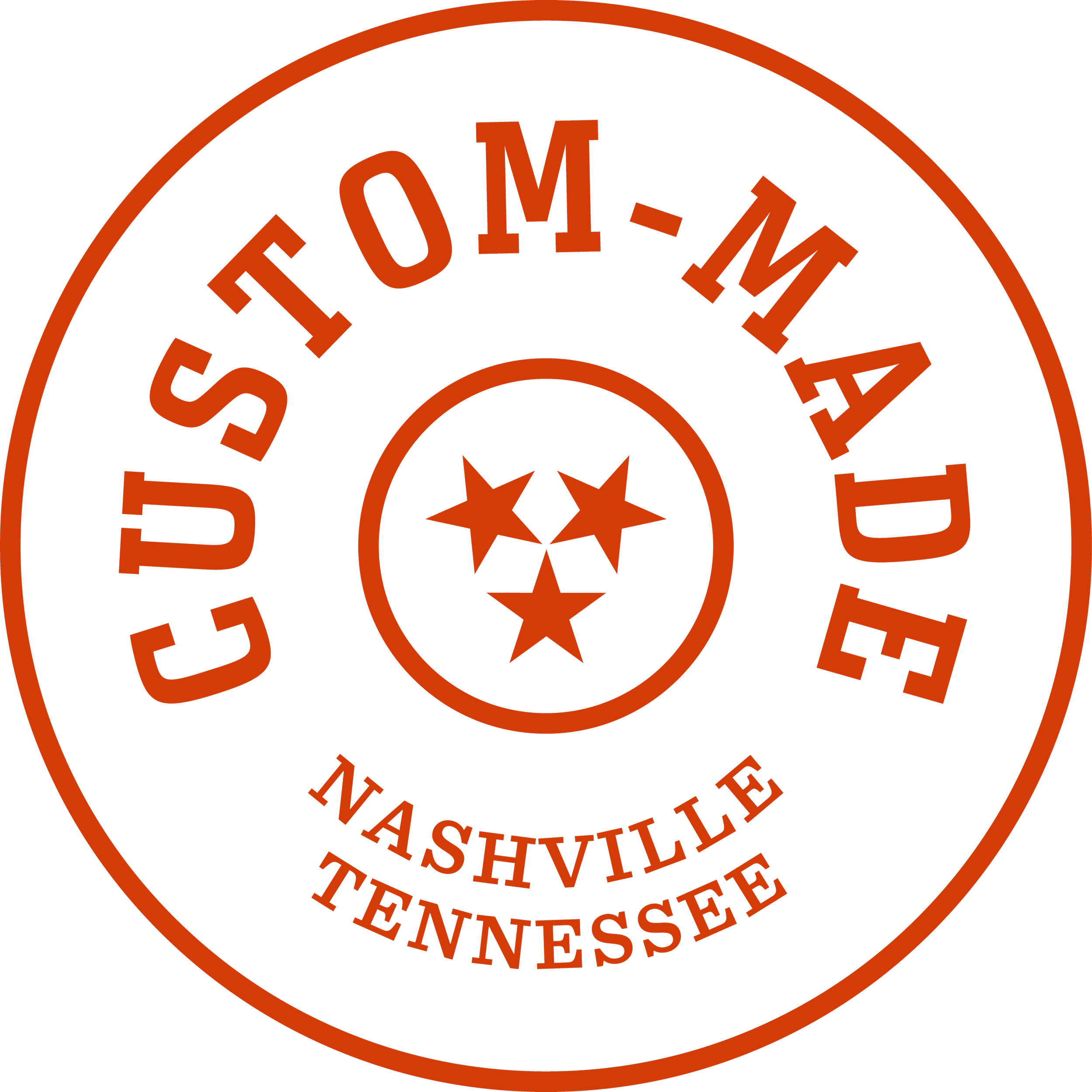 Close-up of a circular seal with orange text reading "CUSTOM-MADE" and "NASHVILLE TENNESSEE" with a tri-star decorative element in the center based on the Tennessee state flag.