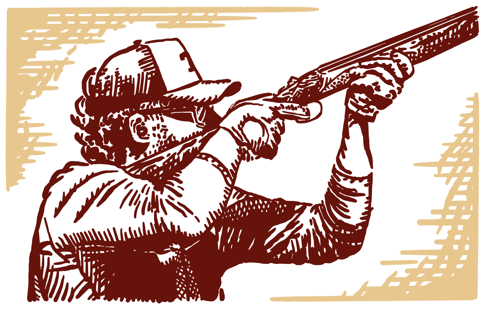 A stylized illustration of a man aiming a rifle, wearing a cap and sunglasses, in a more close-up hunting or shooting stance, pointing up and to the right corner.