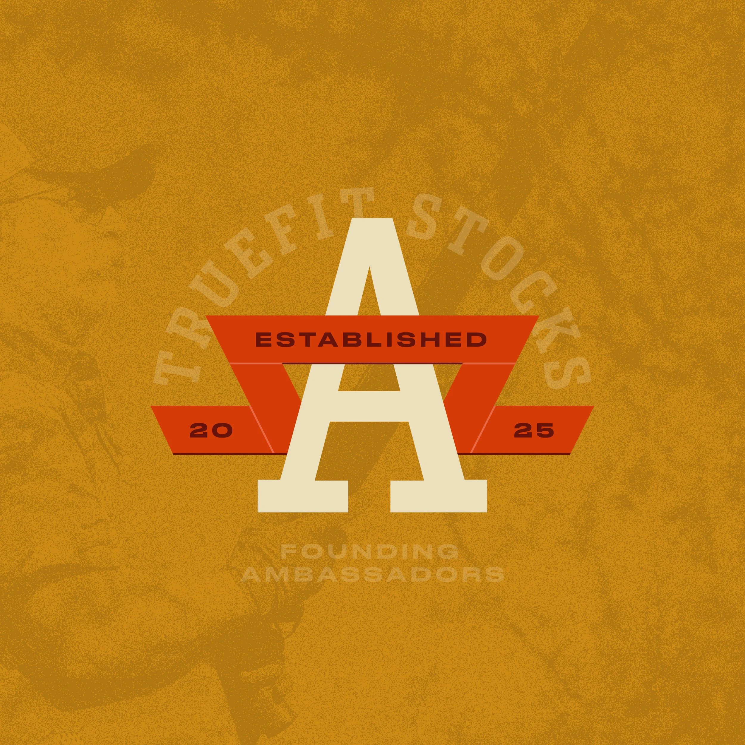 A graphic for TrueFit Founding Ambassadors, with a bold Founding Ambassadors "A" and a red-orange zig-zagging ribbon. The background is textured gold with faint text and a textural image of a man with a custom shotgun.