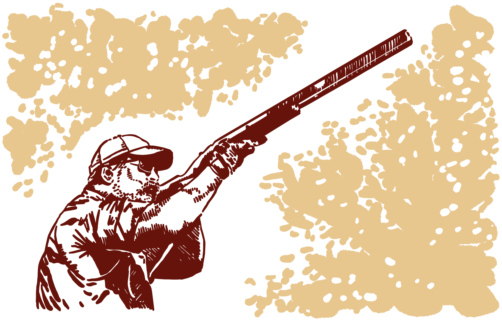 A stylized illustration of a man wearing a cap and sunglasses, aiming a shotgun up and to the right. Simple background elements depict foliage that dynamically frames the man.