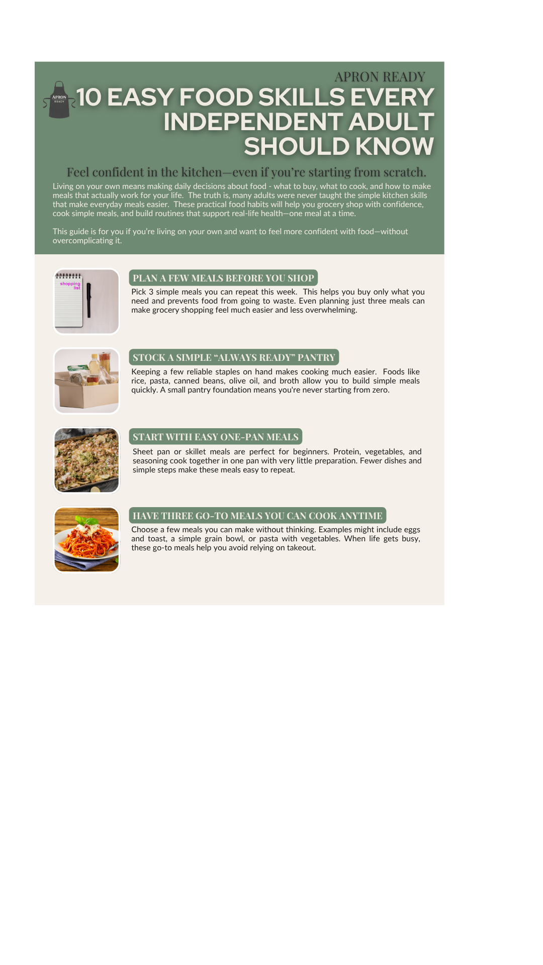 Apron Ready infographic featuring beginner cooking tips, meal planning, pantry basics, and practical food skills for independent adults.