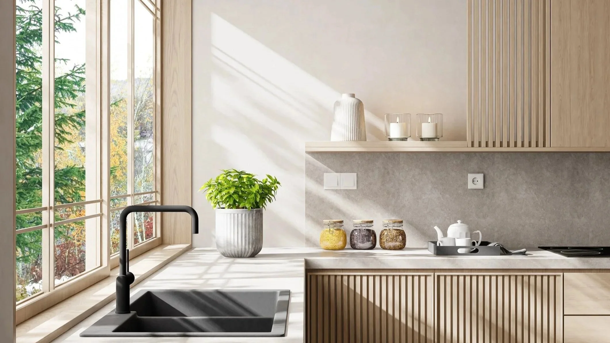 modern kitchen with natural light and clean countertops