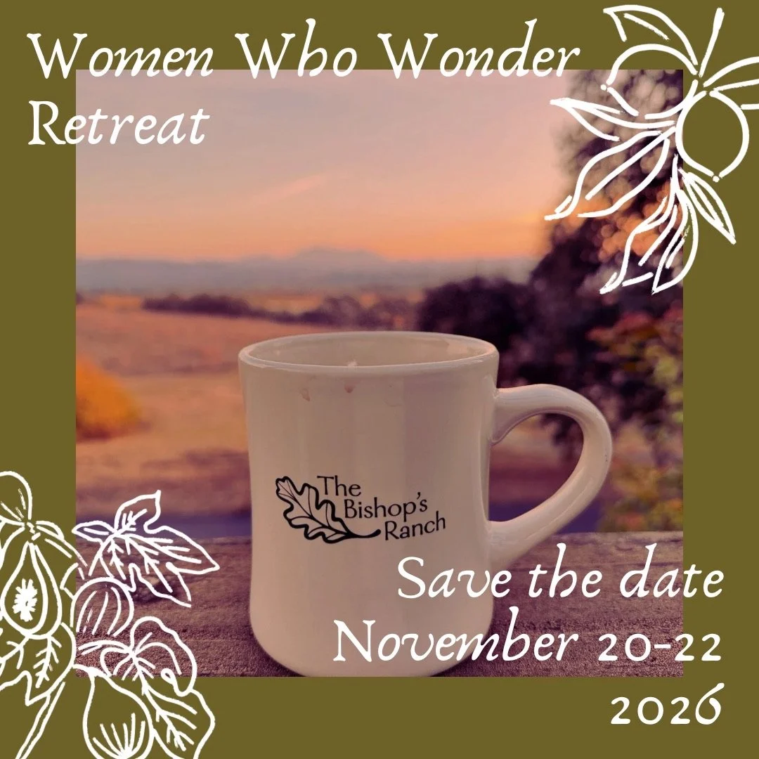 Save the date for Women Who Wonder Retreat, November 20-22, 2026, featuring a photo of a white coffee mug with 'The Bishop's Ranch' logo against a scenic sunset background with decorative white and purple leaf illustrations.