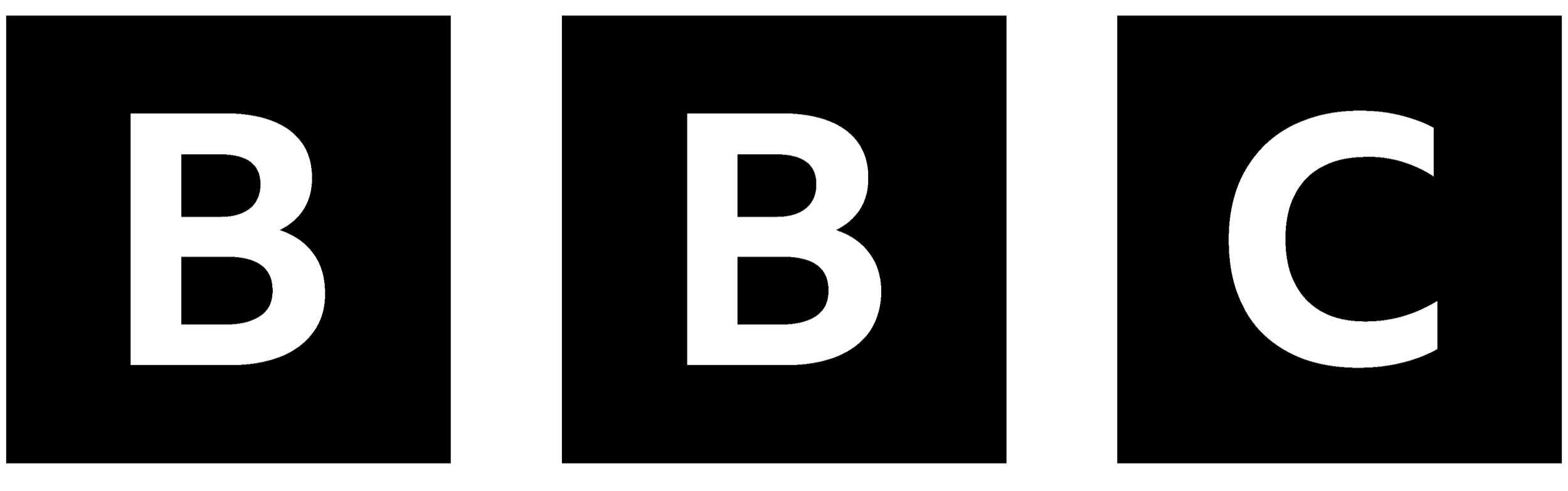 Black background with three outlined white uppercase letters B, B, and C, each in separate rectangular boxes aligned horizontally.