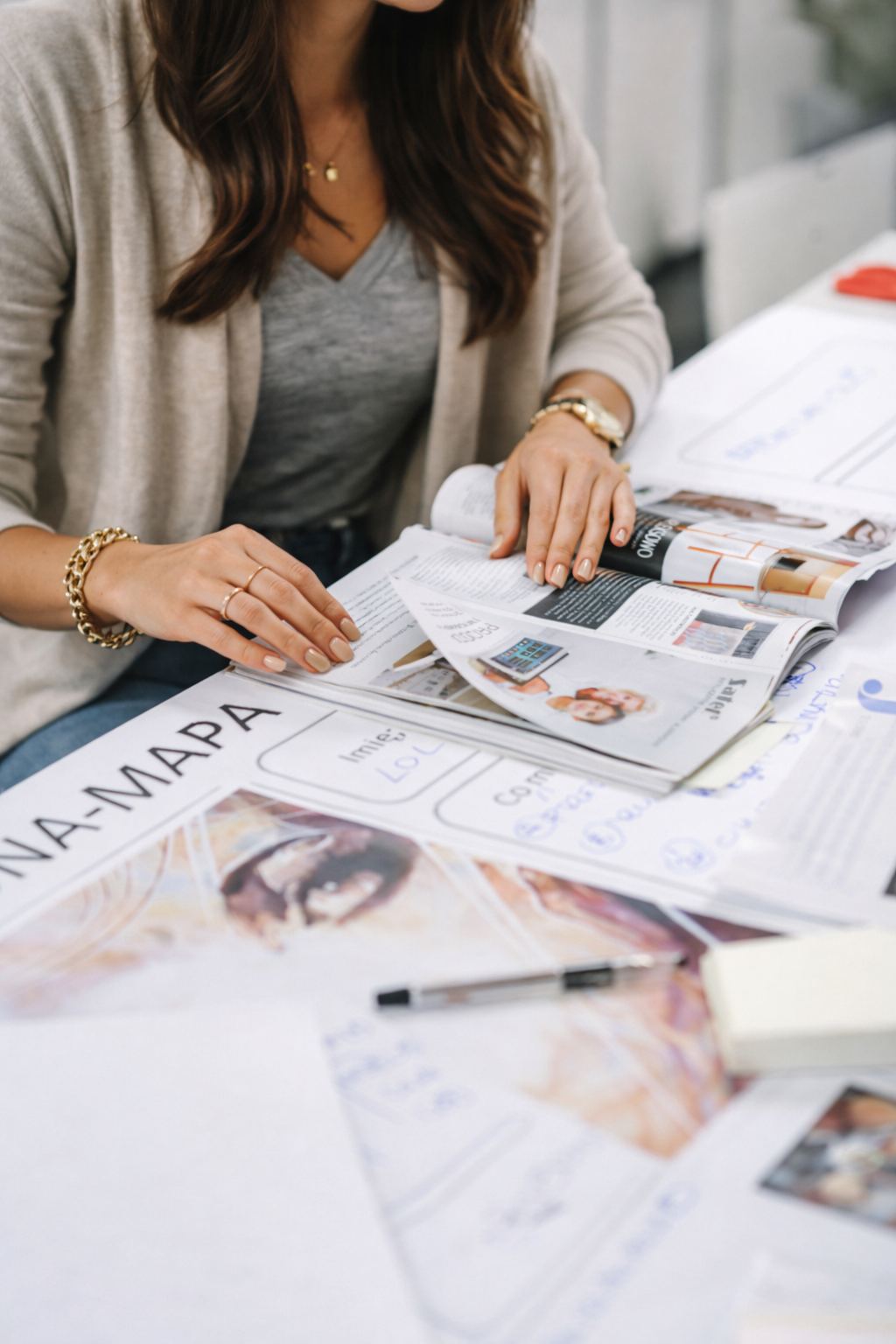 Woman with brown hair wearing a grey t-shirt, beige cardigan, and gold jewelry reviewing magazines on a table covered with papers and posters.