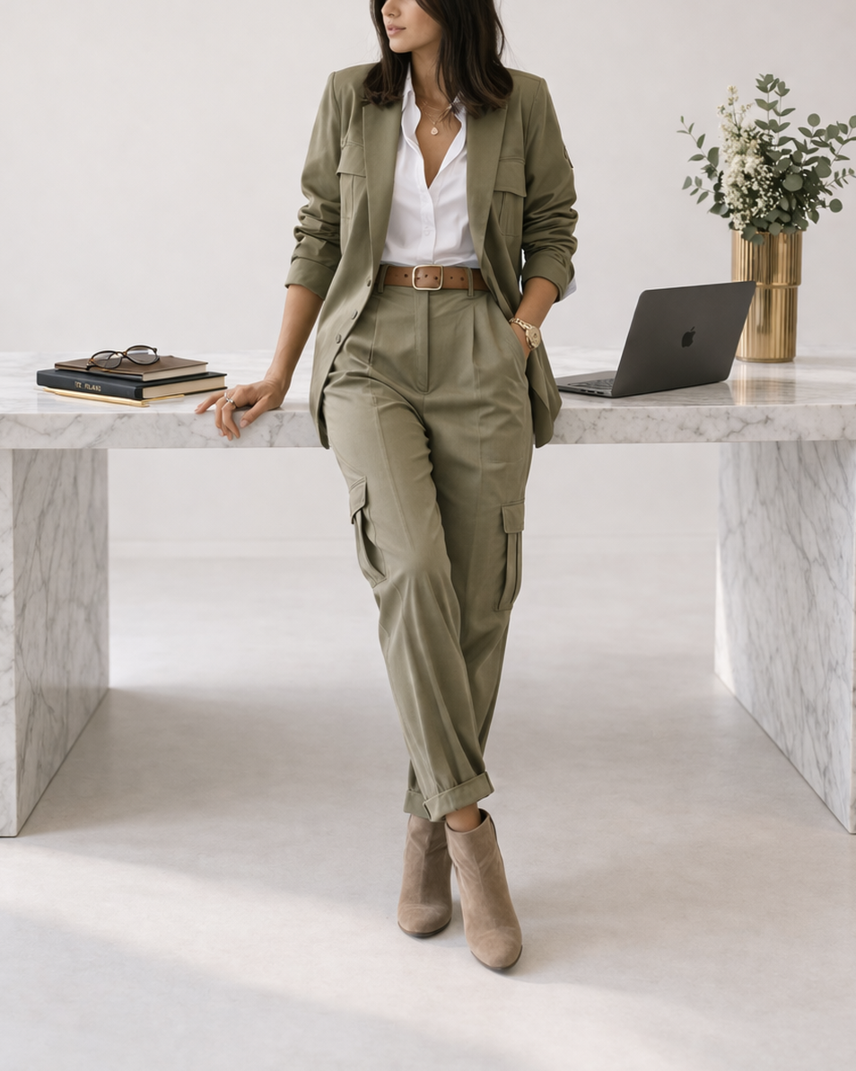 Woman in beige cargo pants, blazer, and boots leaning on marble desk with laptop, books, and glasses, in minimalist office setting.