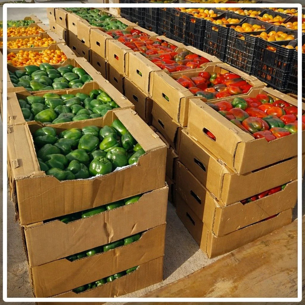 Stacks of cardboard boxes filled with green, red, and yellow bell peppers in a market or grocery store.