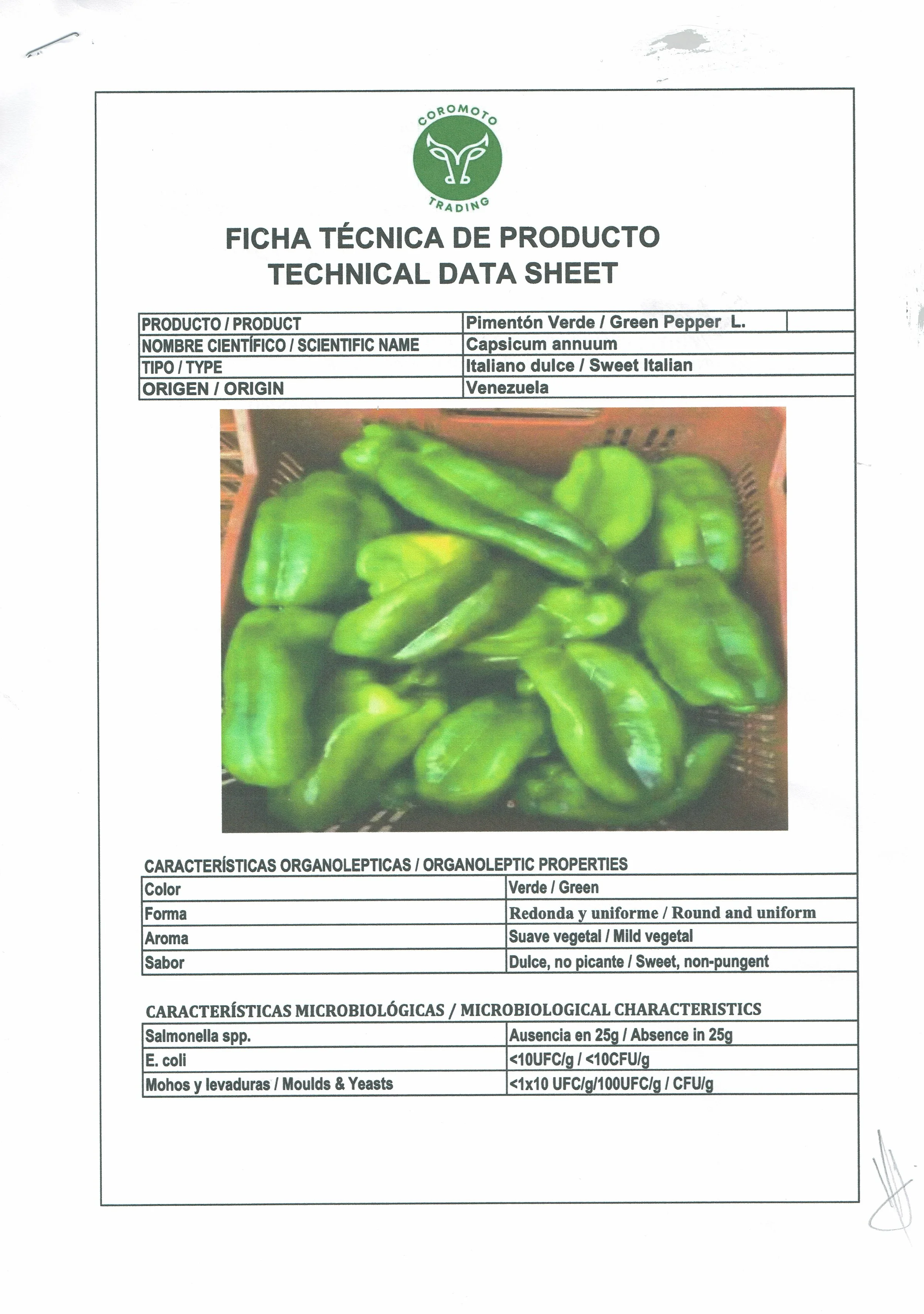 Product technical data sheet for green peppers, showing a photo of several green peppers in a basket, along with information about their scientific name, origin, organoleptic characteristics, microbiological properties, and identification details.