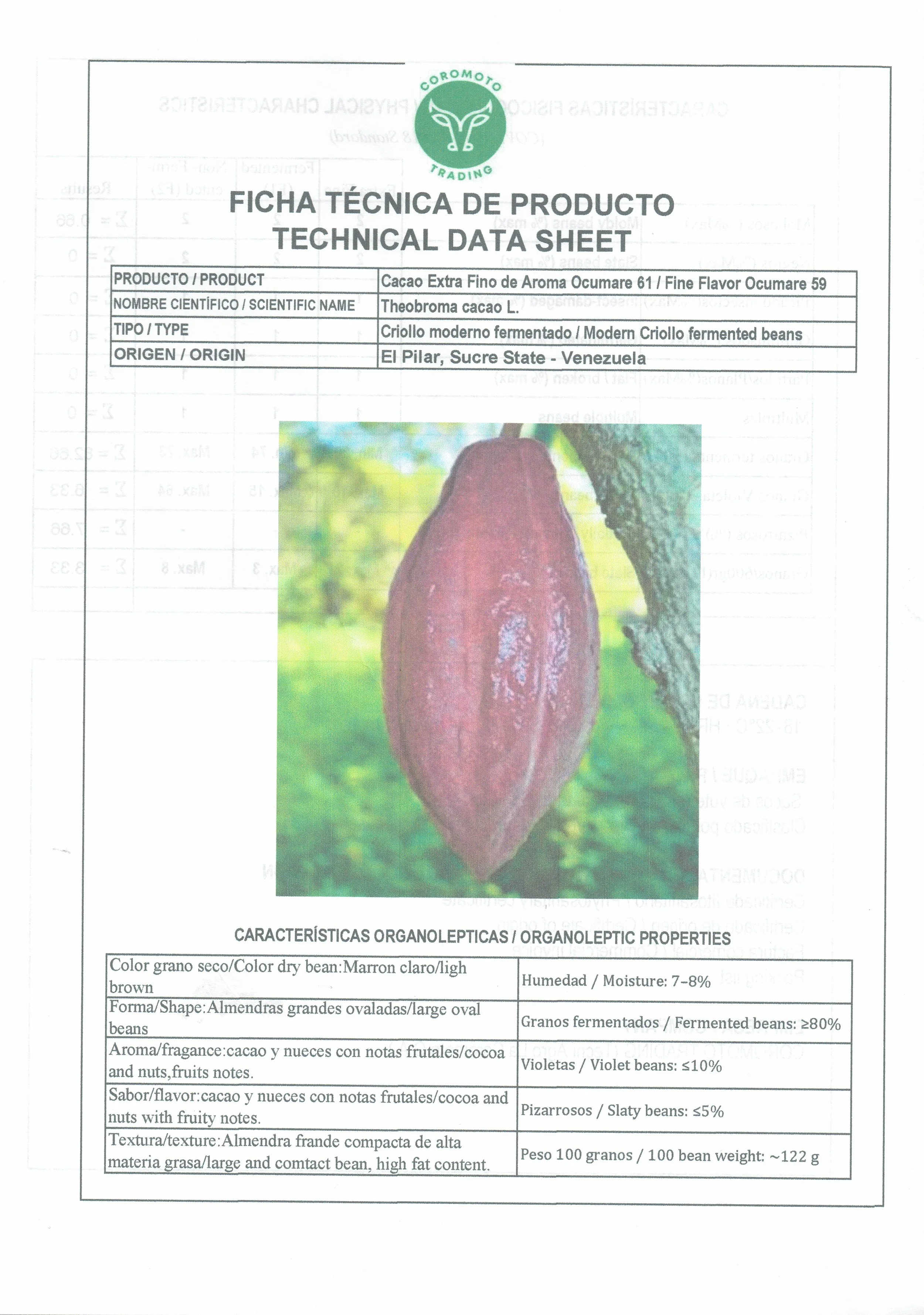 A technical data sheet for a cacao product, featuring a large close-up image of a cacao pod hanging from a tree, with details about its characteristics and origin.