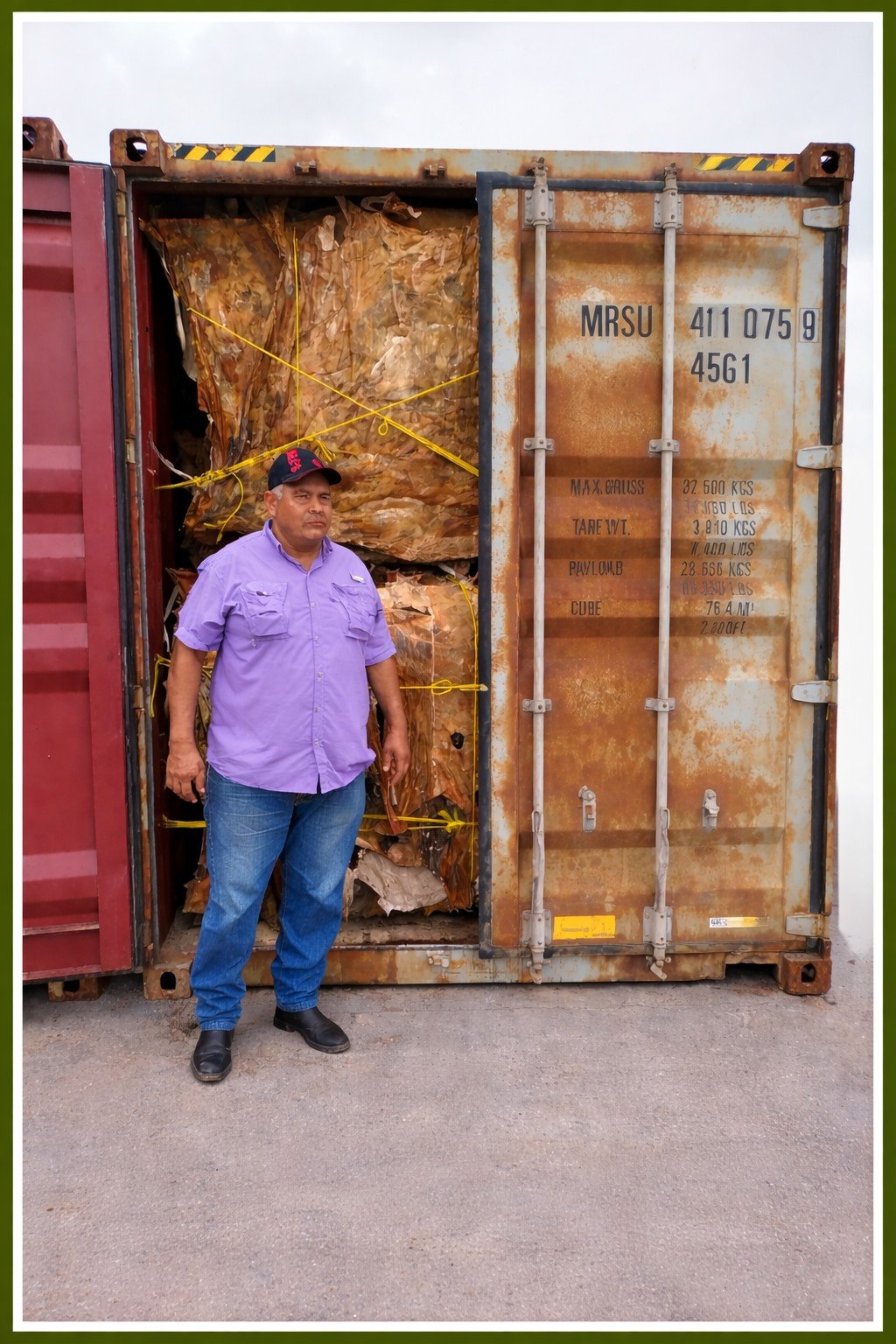 Our operations manager, Noe, does a final check of the dry hides loaded in a container ready for shipment.