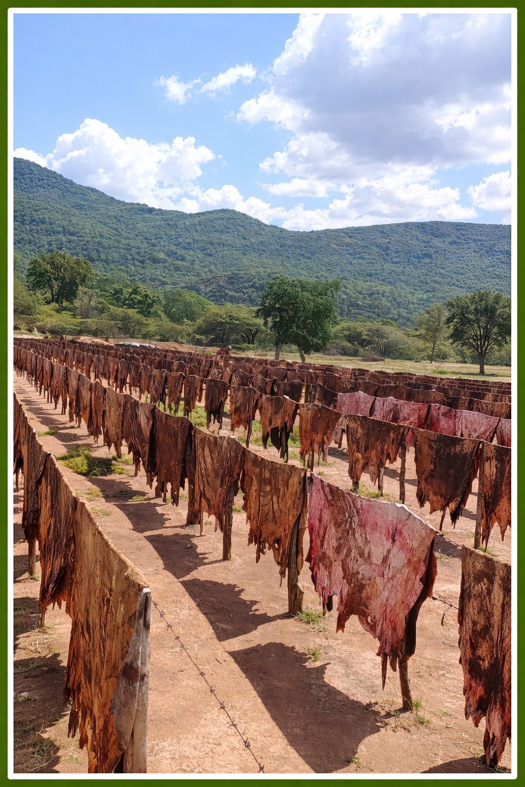 Rows of hanging hides drying in a sunny rural landscape,