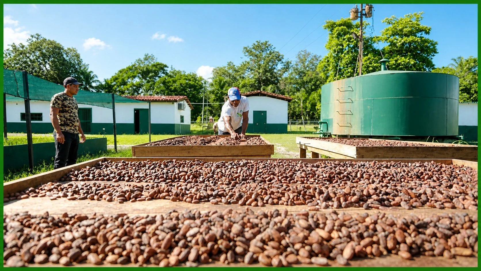 Two workers laying out cocoa beans to air dry in the sun.