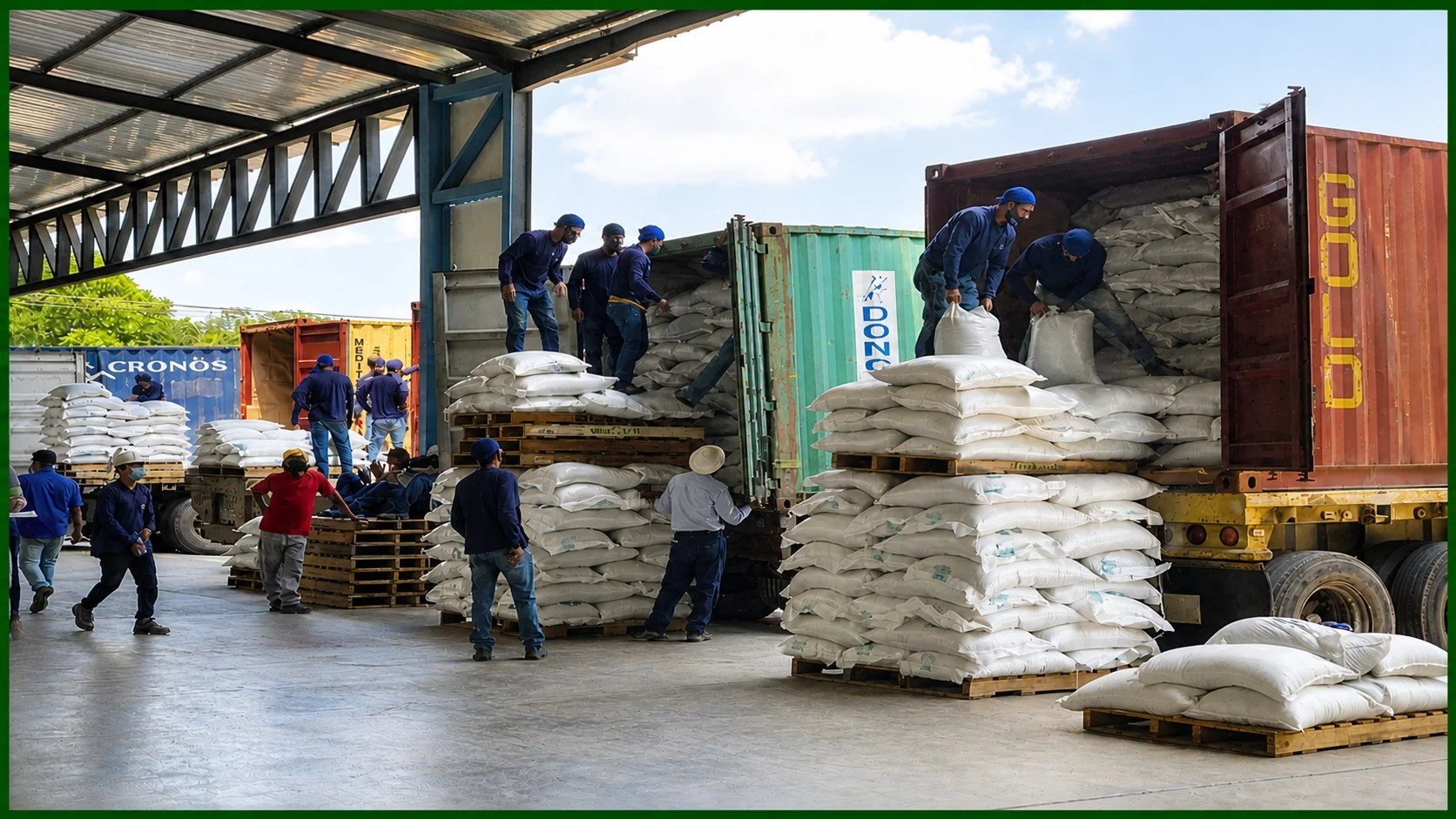 Finished mung beans being loaded into containers for global shipment.