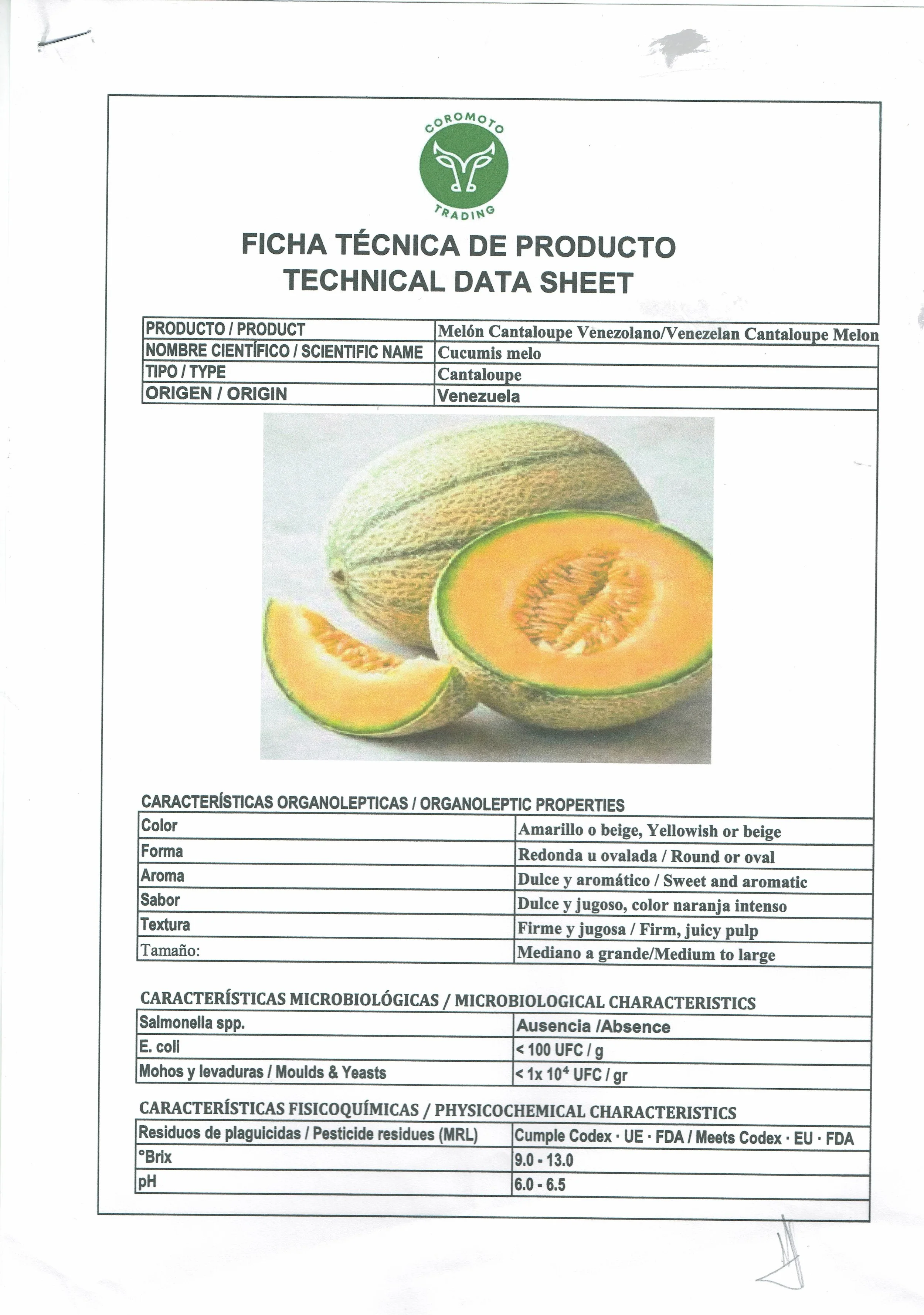 Technical data sheet for Venezuelan Cantaloupe Melon, including characteristics such as color, shape, aroma, flavor, texture, size, microbiological, physicochemical, and regulatory information.