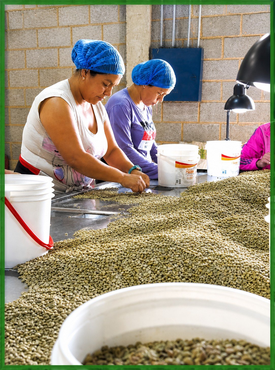 Quality Assurance specialists sort through green coffee beans to ensure quality is maintained.