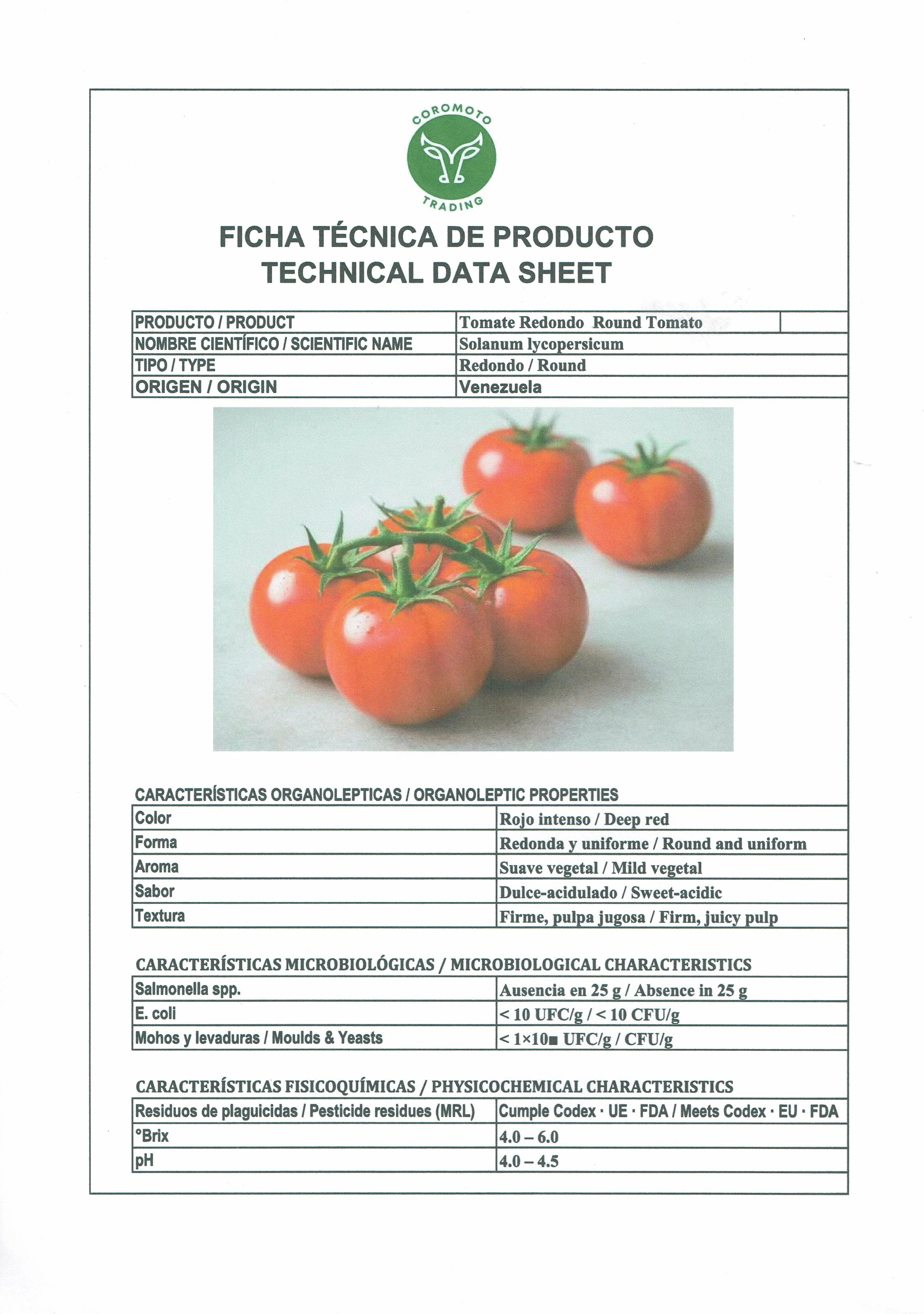 Technical data sheet for round, deep red, mild vegetable, sweet-acidic tomatoes from Venezuela, labeled Solanum lycopersicum, with an image of five red tomatoes.