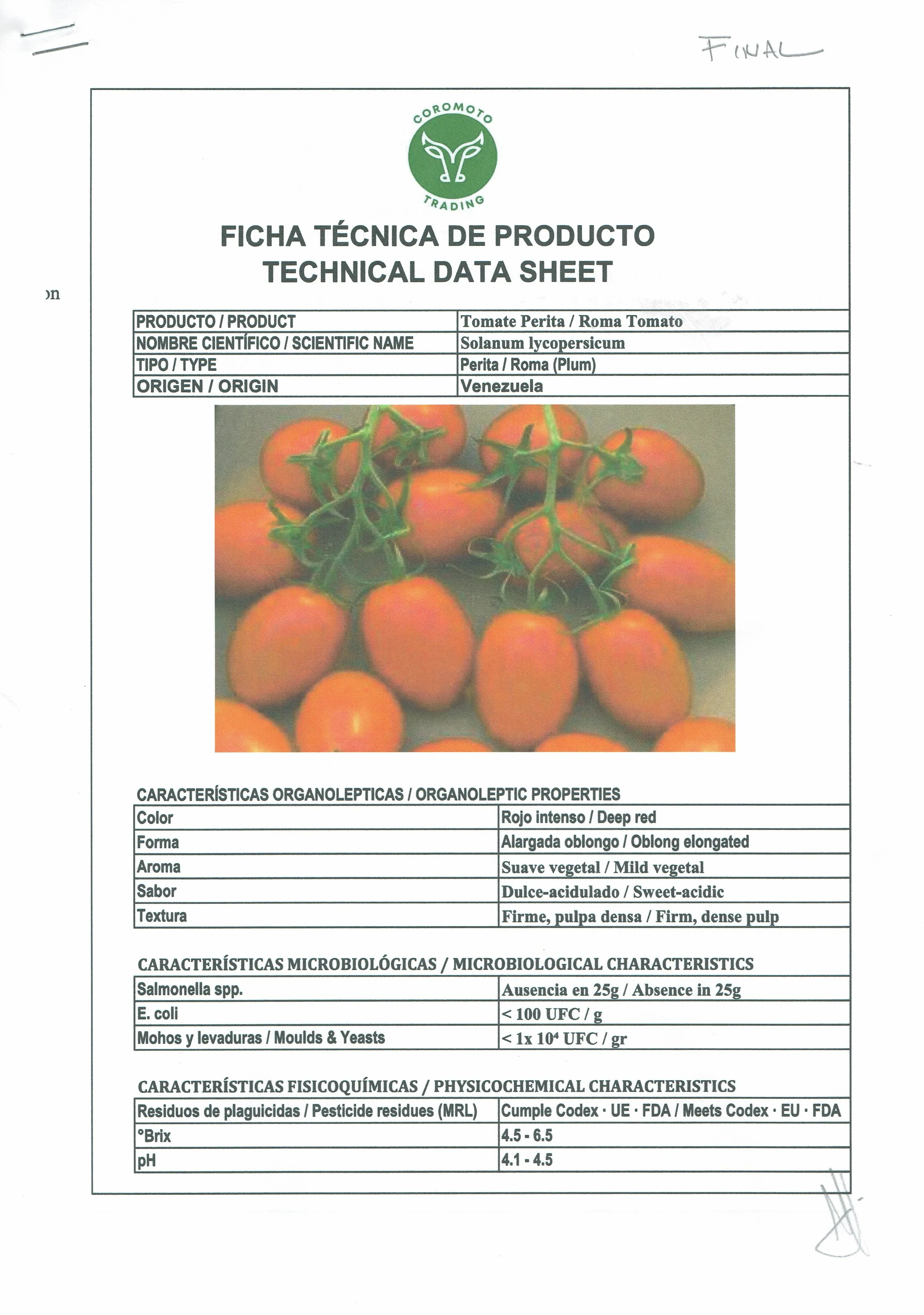 Product data sheet for Roma Tomato, showing scientific name Solanum lycopersicum, origin Venezuela, with a picture of ripe small red tomatoes on the vine. The sheet details organoleptic, microbiological, and physico-chemical characteristics.