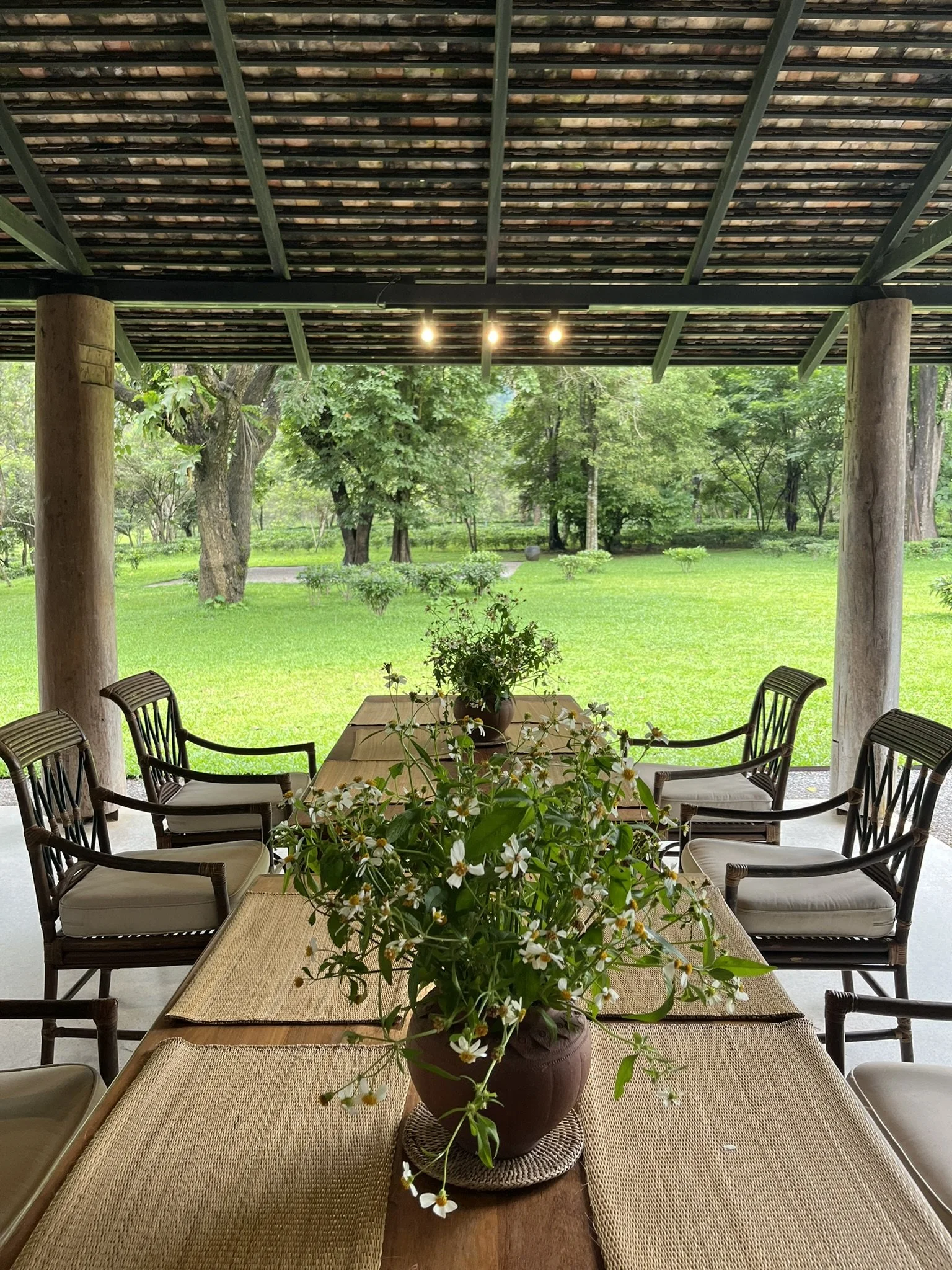 A view from a covered patio with a wooden table, surrounded by six chairs, and a pot of white flowers in the center of the table. Beyond the patio, there is a lush green garden with trees and grass.