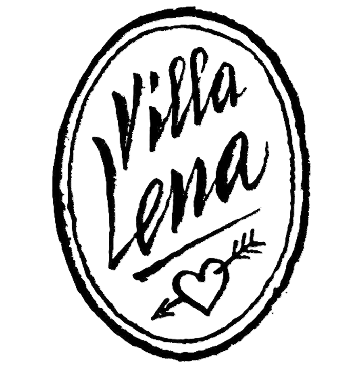 Logo of Villa Lena. A black and white logo with handwritten style text inside an oval.