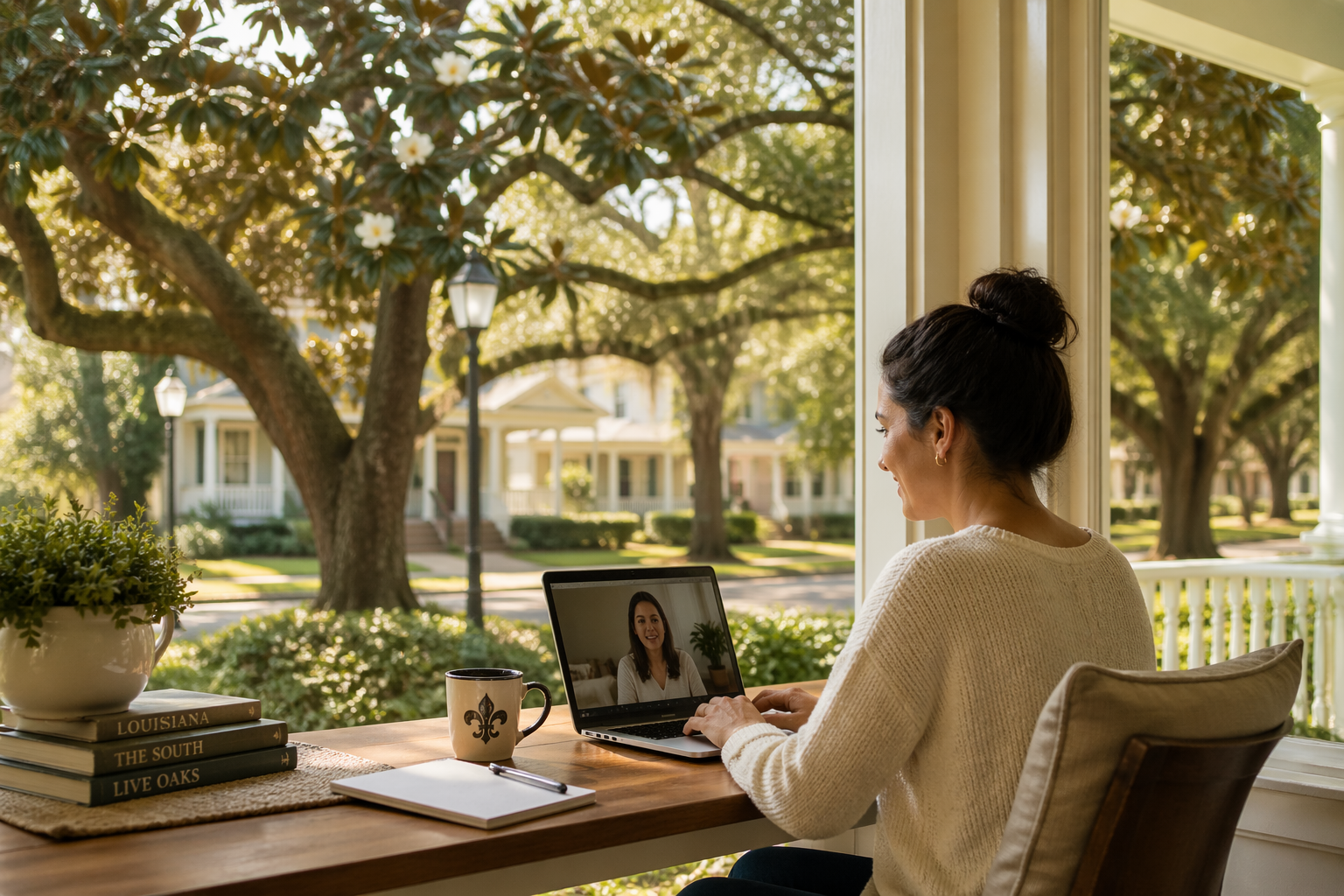 Woman sitting at a desk in her home, engaging in a video call with another woman on her laptop. The scene is lit by natural sunlight, with trees and houses visible outside the window.