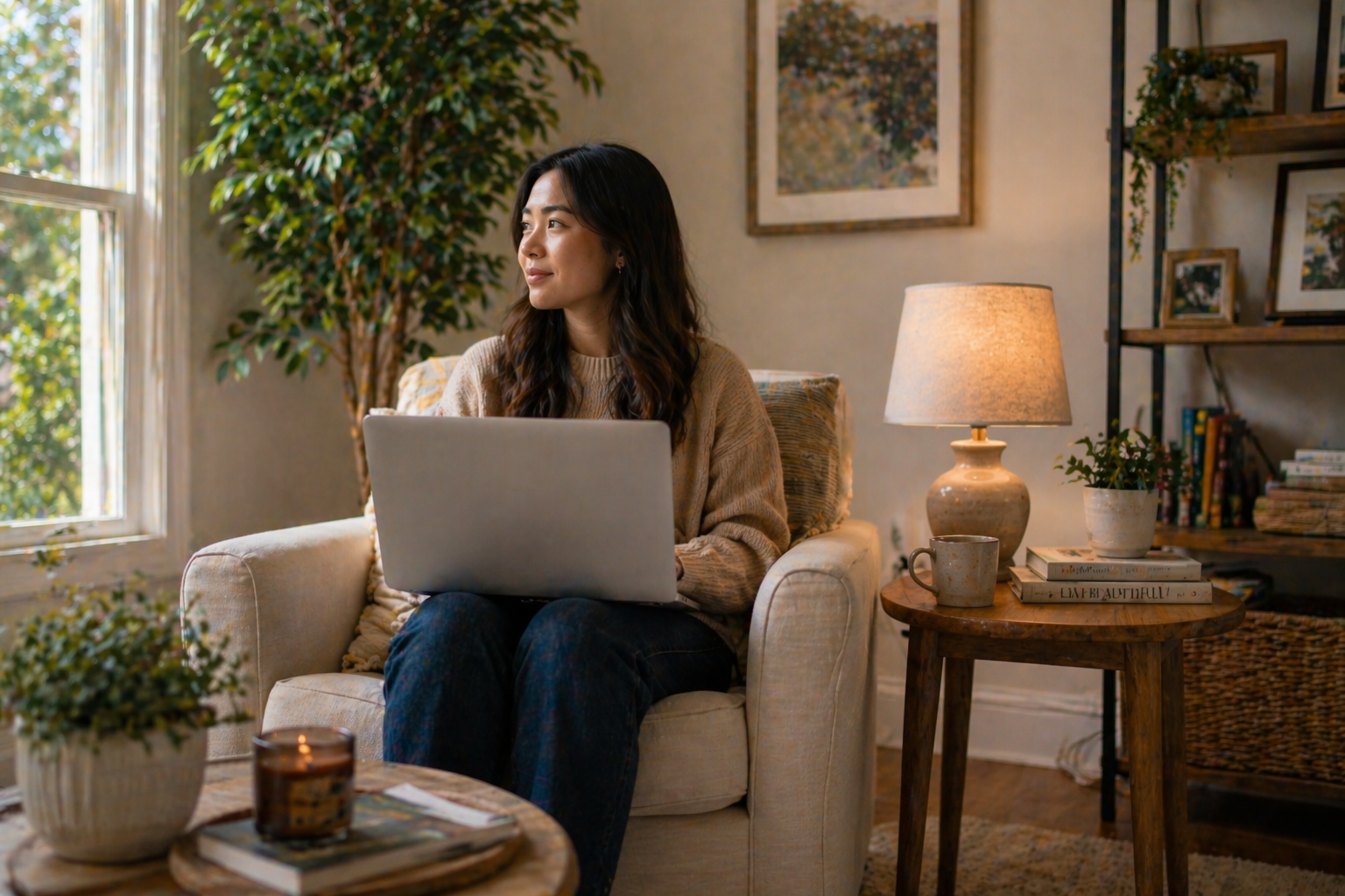 A young woman with long dark hair, wearing a beige sweater, sitting on a cream-colored couch with a laptop on her lap, looking to her left in a cozy, well-decorated living room with a window, plants, a lamp, and a wooden side table with books and a mug.