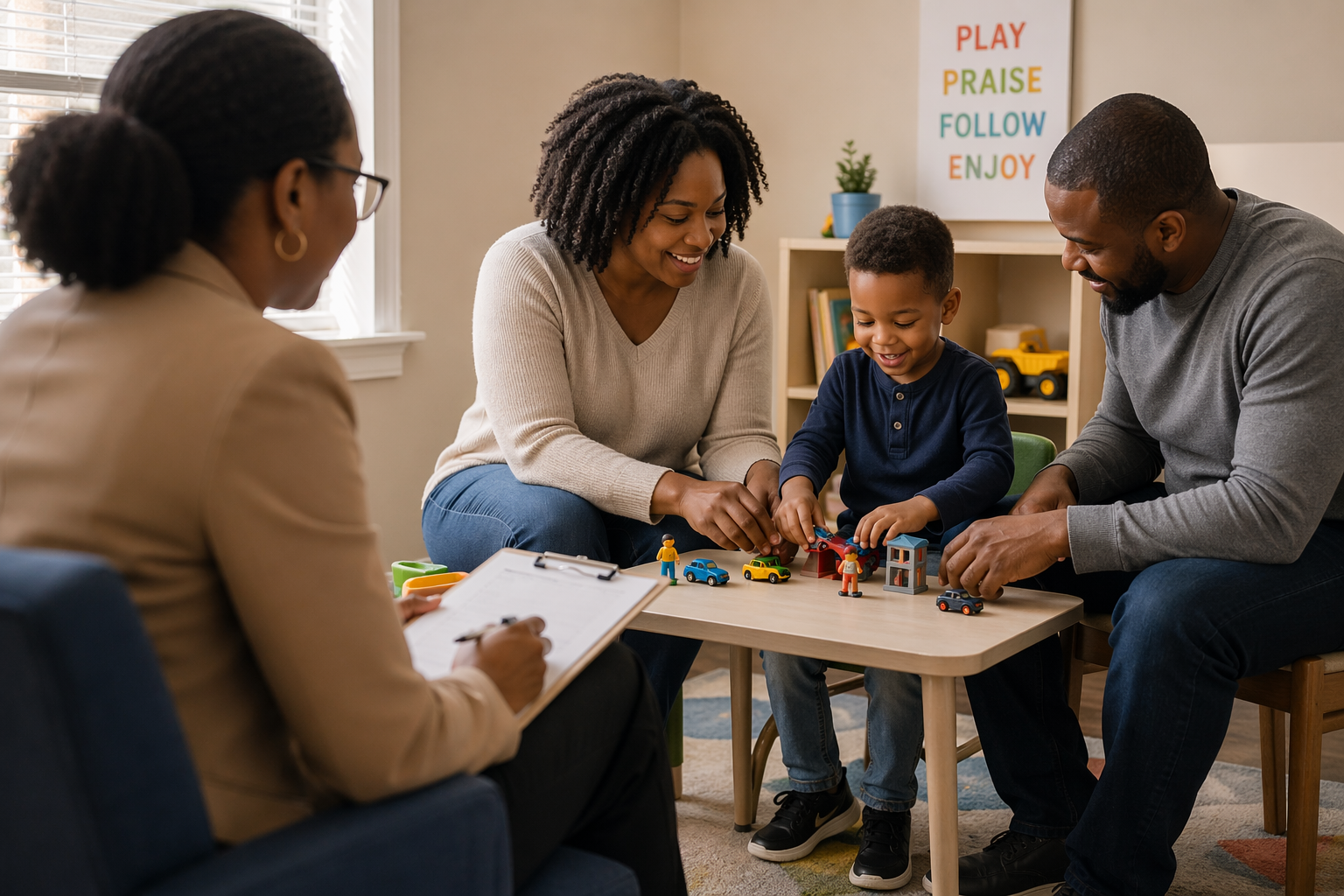 A happy young boy playing with toy cars while a woman and a man, possibly his parents, watch and smile. An adult woman seated nearby appears to be taking notes.