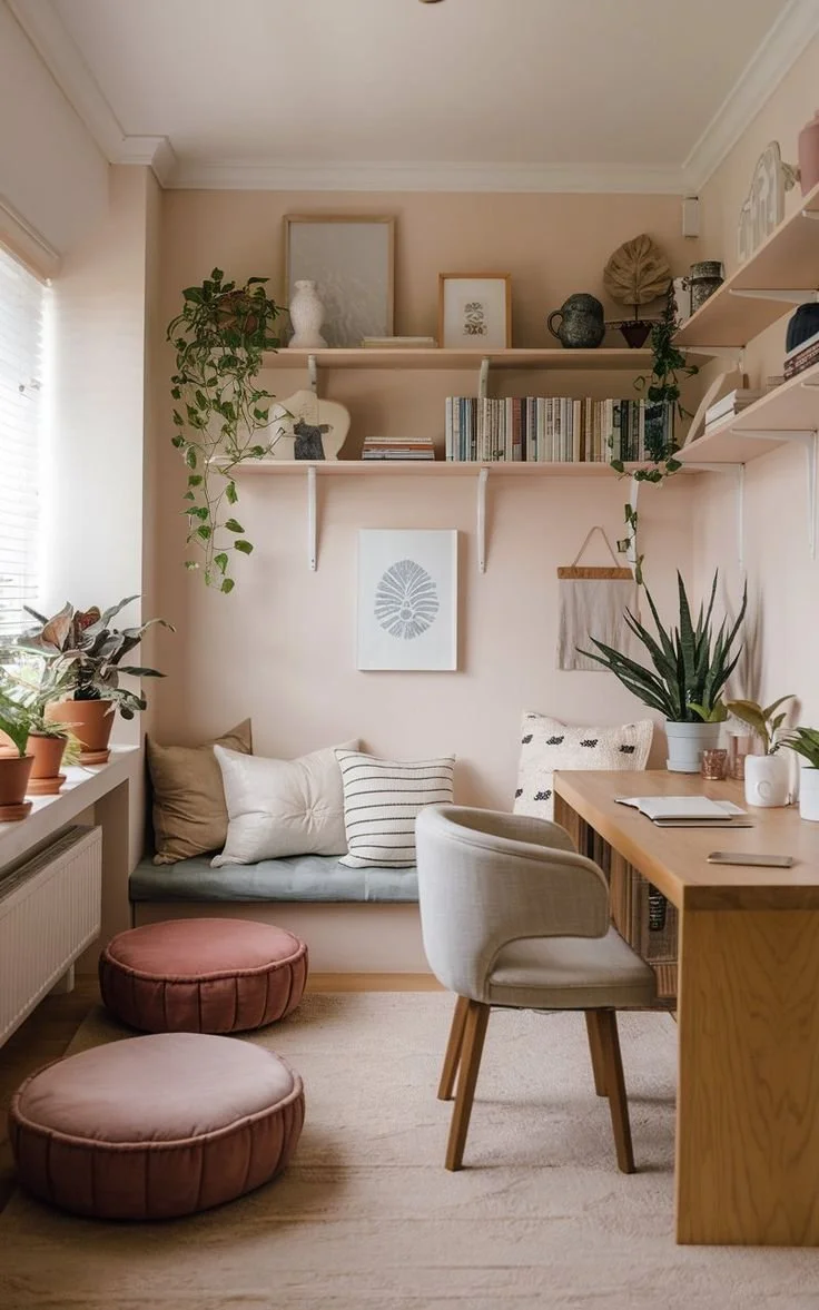 A cozy home office corner with a window sill decorated with potted plants, a wall-mounted white shelf with books and decorative items, a small cushioned bench with pillows, two round ottomans, a wooden desk with a white chair, and various indoor plants.