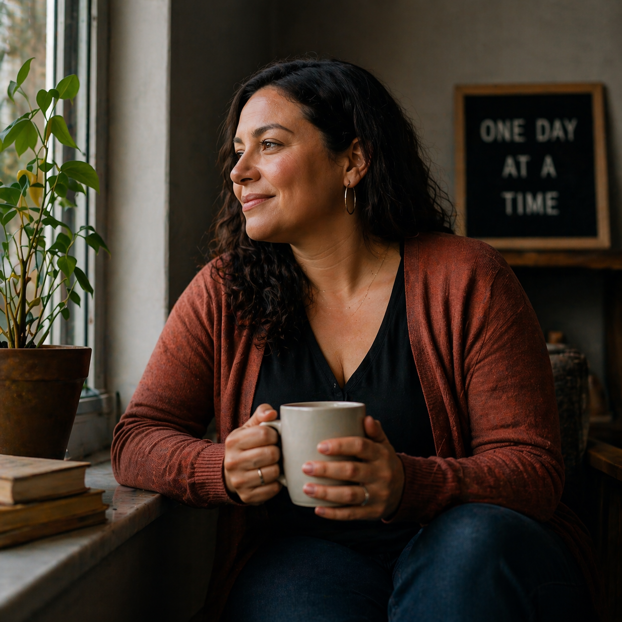 A woman with dark curly hair sitting by a window, holding a mug and looking outside, with a potted plant and books on the windowsill, and a blackboard behind her that says 'One Day At A Time'.