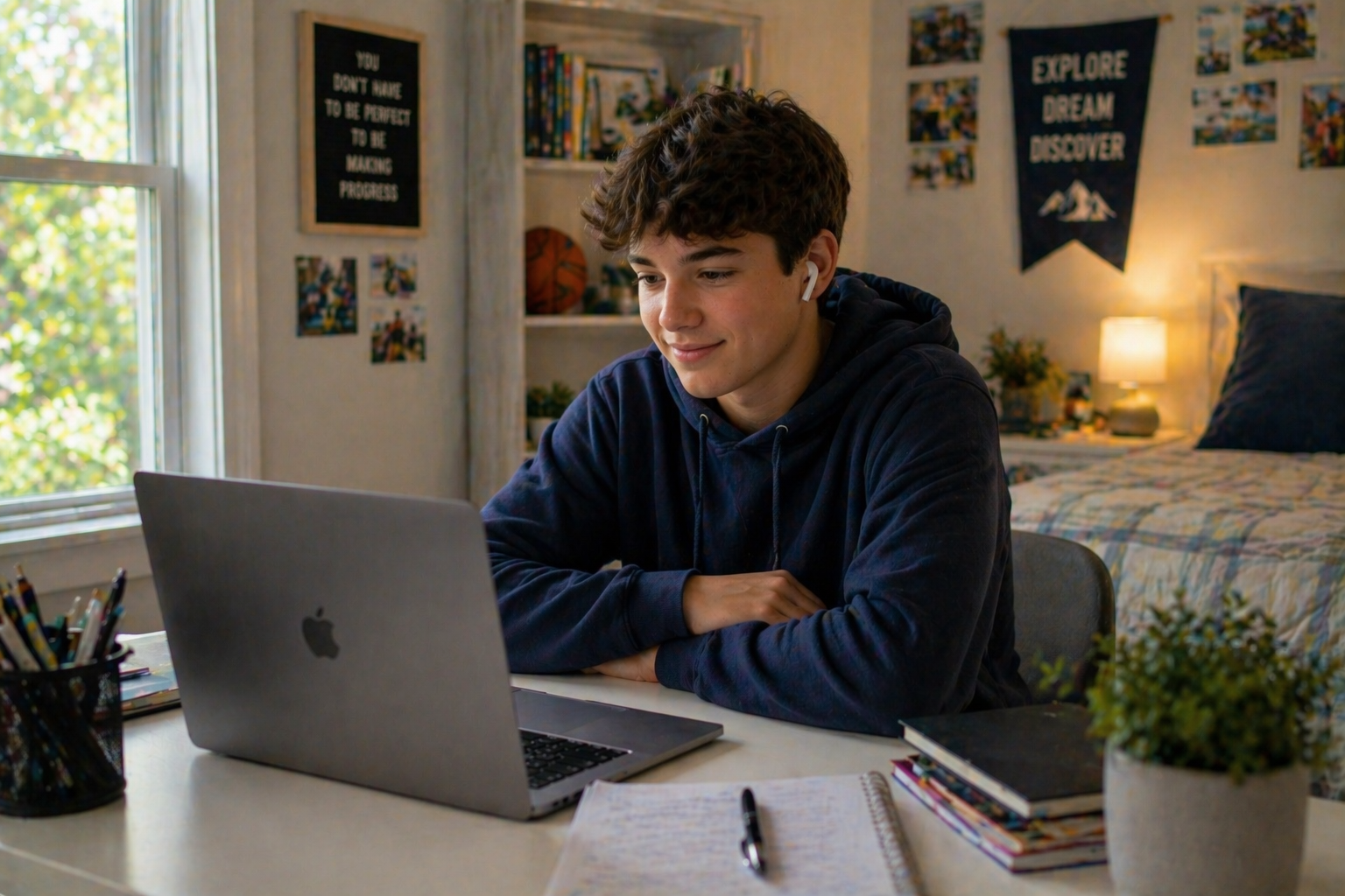 A young man with dark curly hair wearing a black hoodie, sitting at a desk with a silver laptop, earphones, and notebooks, working in a cozy bedroom with posters and photos on the wall and a bed with a patterned comforter.