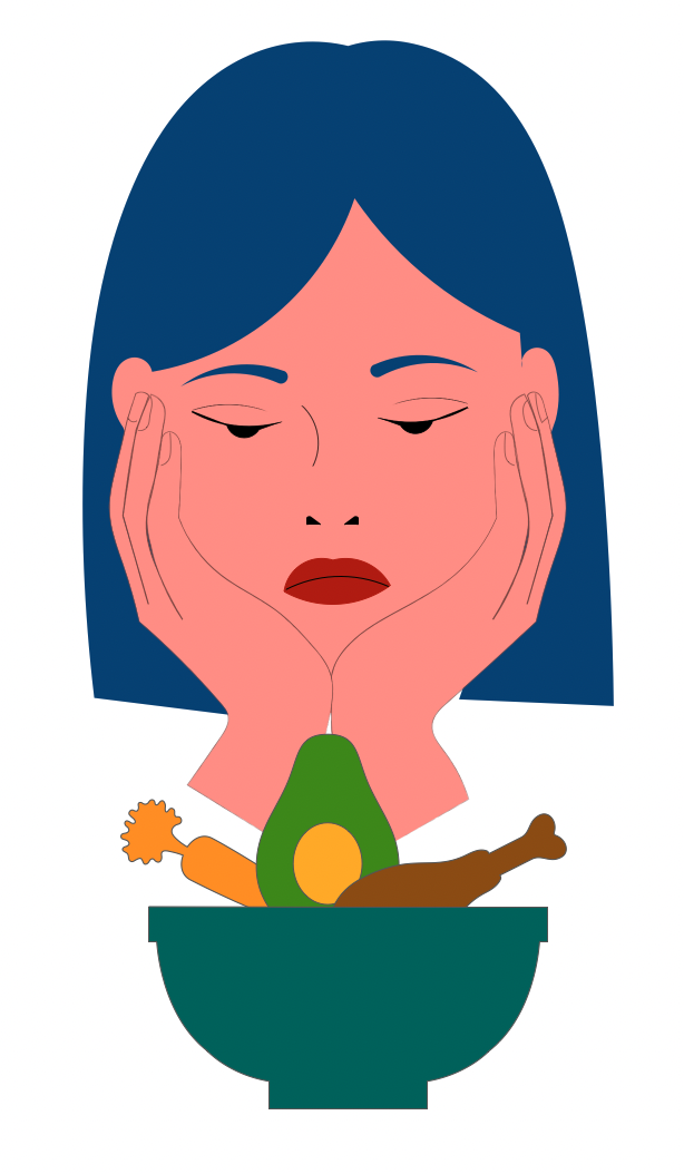Illustration of a woman with blue hair and a pensive expression, with her hands on her face, positioned over a bowl with vegetables and a piece of meat.