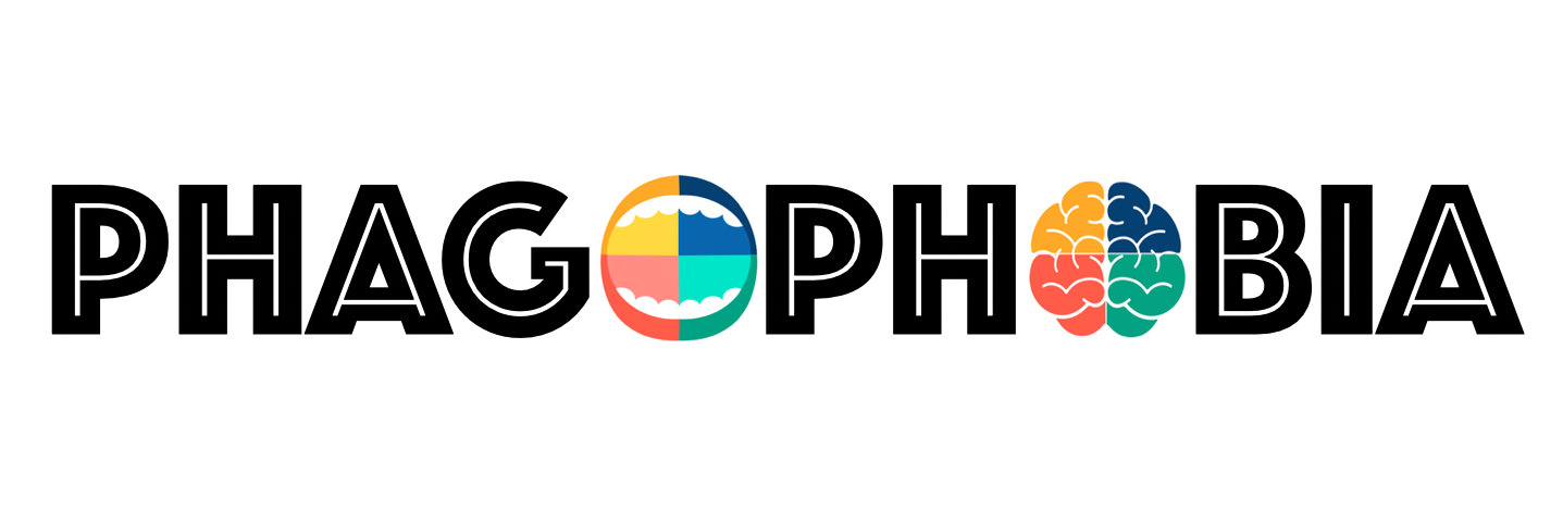 Colorful word 'PHAGOPHOBIA' with each letter featuring a different colored brain or mouth illustration.
