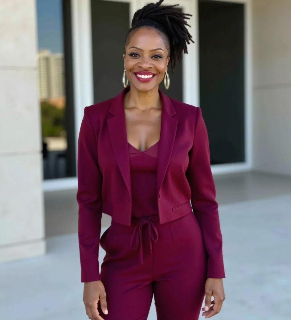Dr. Ianessa Humbert, swallowing expert, wearing a burgundy blazer and matching pants, smiling and standing outdoors in front of a building.