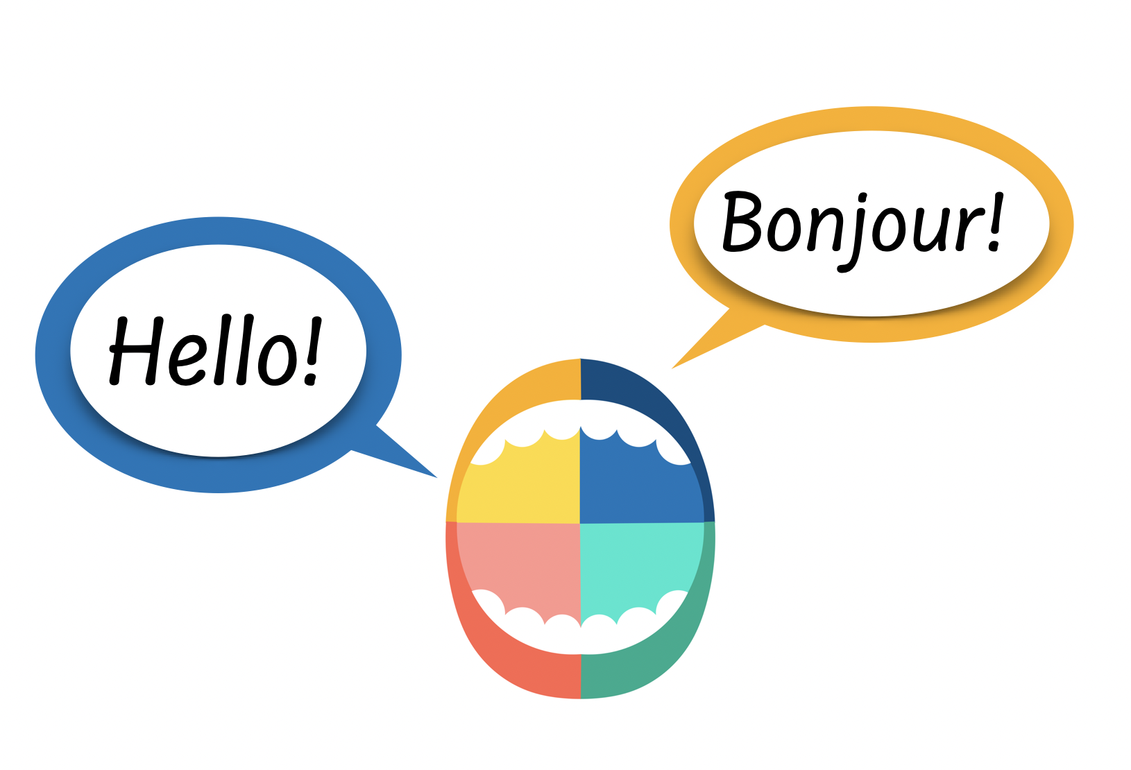 A colorful illustration of a face with four quadrants in red, yellow, blue, and teal, representing a mouth with white teeth. Two speech bubbles with black text say "Hello!" in a blue outline and "Bonjour!" in an orange outline, indicating a greeting in English and French.
