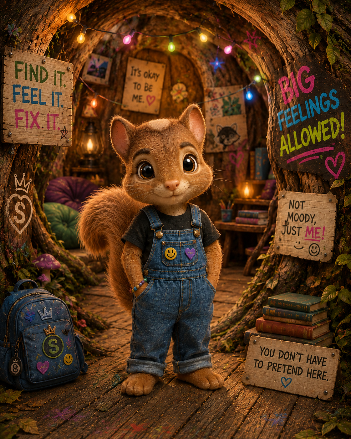 Stedman the squirrel from The Aisle of Indifference stands inside his Hollow, a cozy woodland refuge where children can talk about feelings, emotions, grief, anger, and healing.