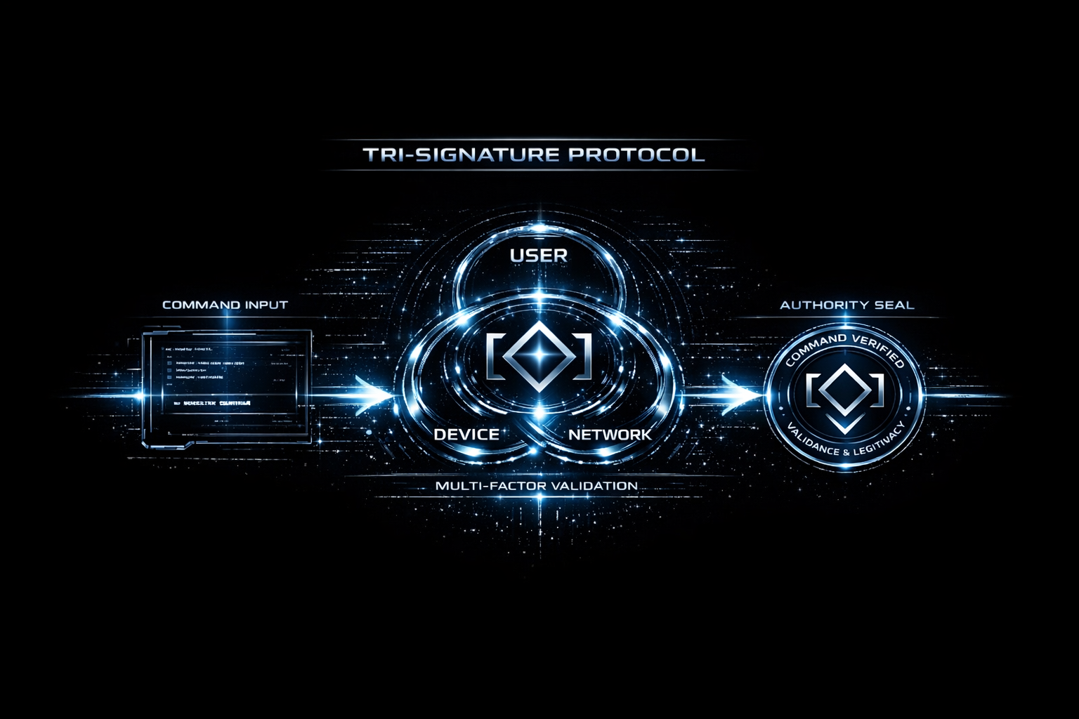 A digital graphic representation of the tri-signature protocol with interconnected elements labeled user, device, and network, and a command input area on the left and an authority seal on the right.