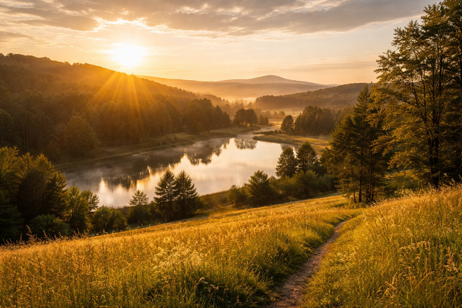 Sunrise over a river surrounded by trees and grassy fields, with mist rising over the water and a mountain in the distance.