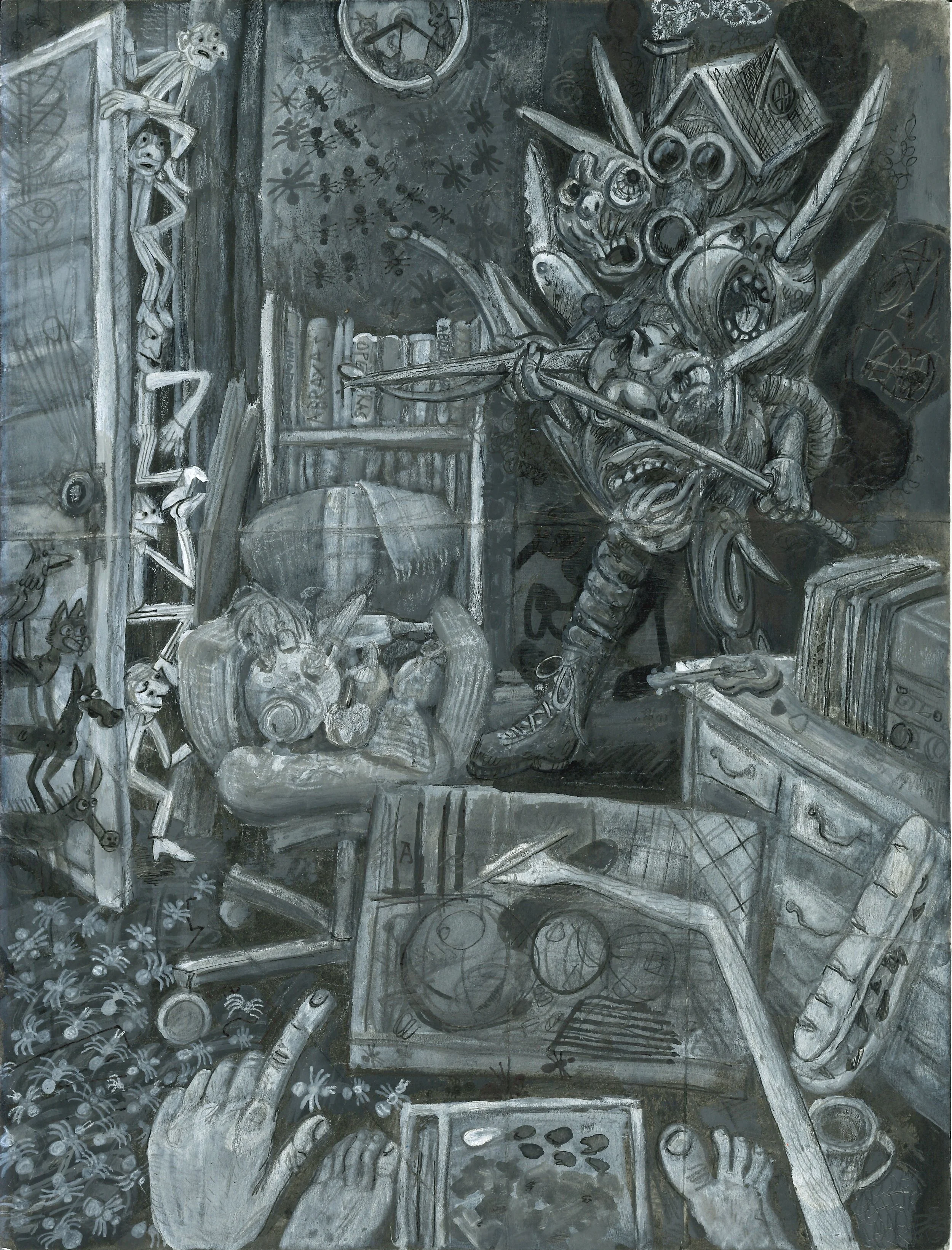 Appearance of a Friend Inside the Anti-Plastic Chamber, mixed media on paper, 9" x 12", 2026
