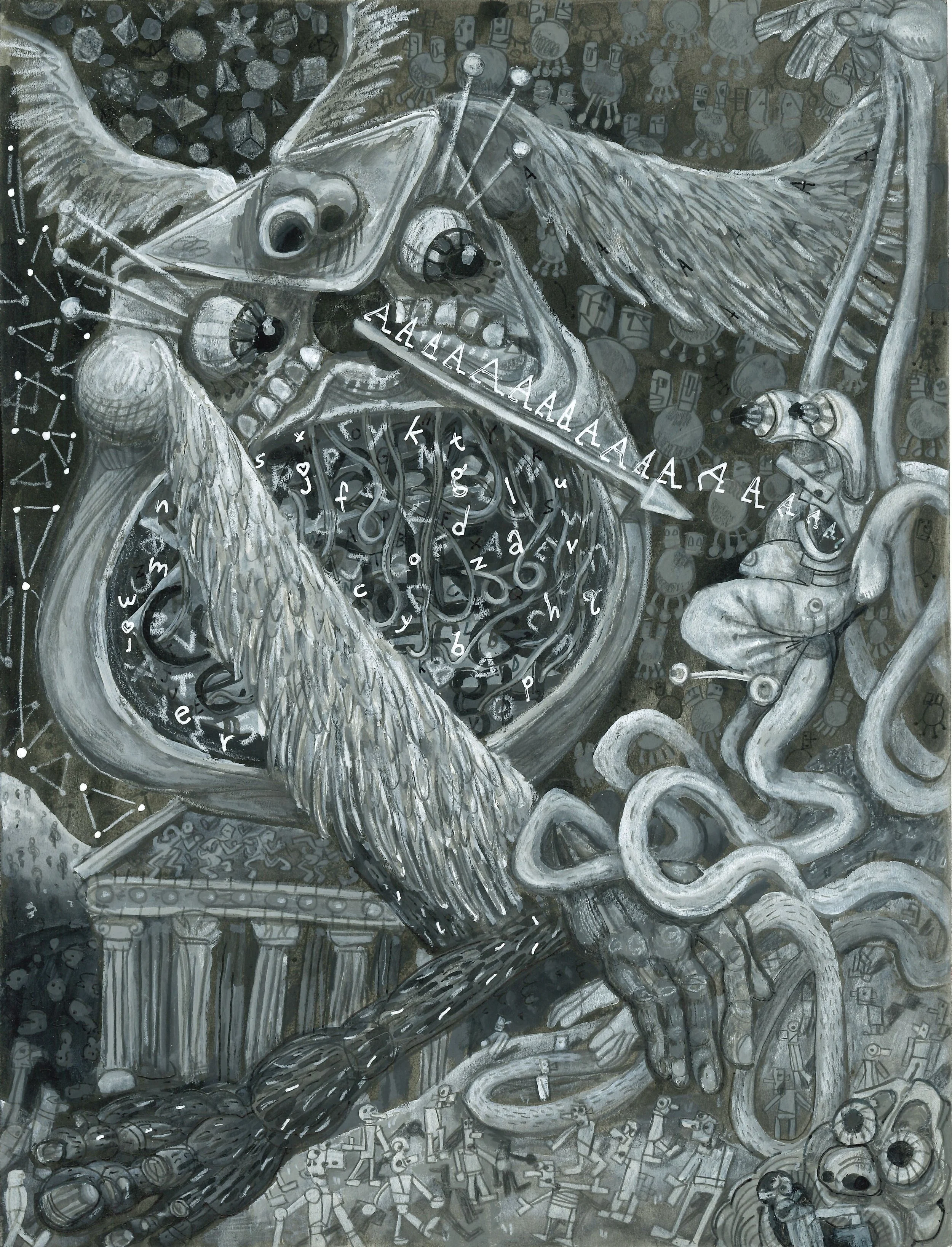 Love, Limb Loosener, mixed media on paper, 9" x 12", 2026