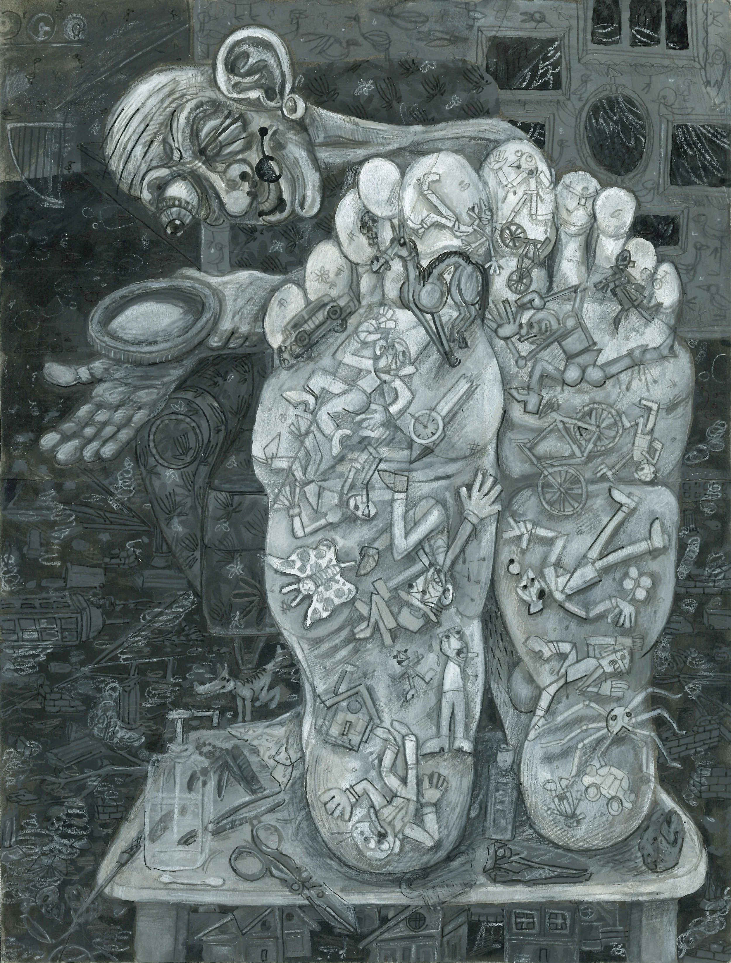 The Ethics of Sitting Around, mixed media on paper, 9" x 12", 2026