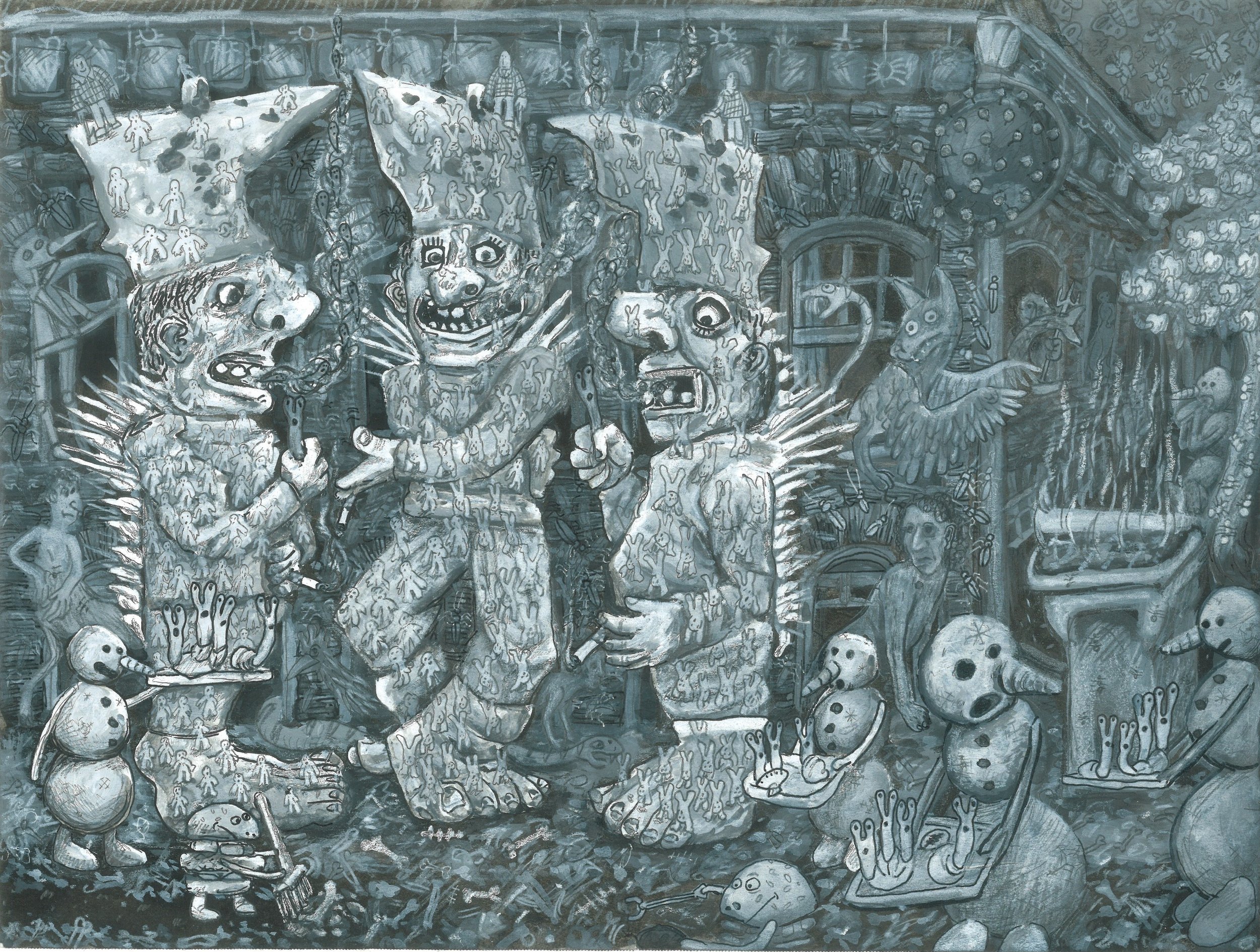 Spiny Mimals, mixed media on paper, 12" x 9", 2025