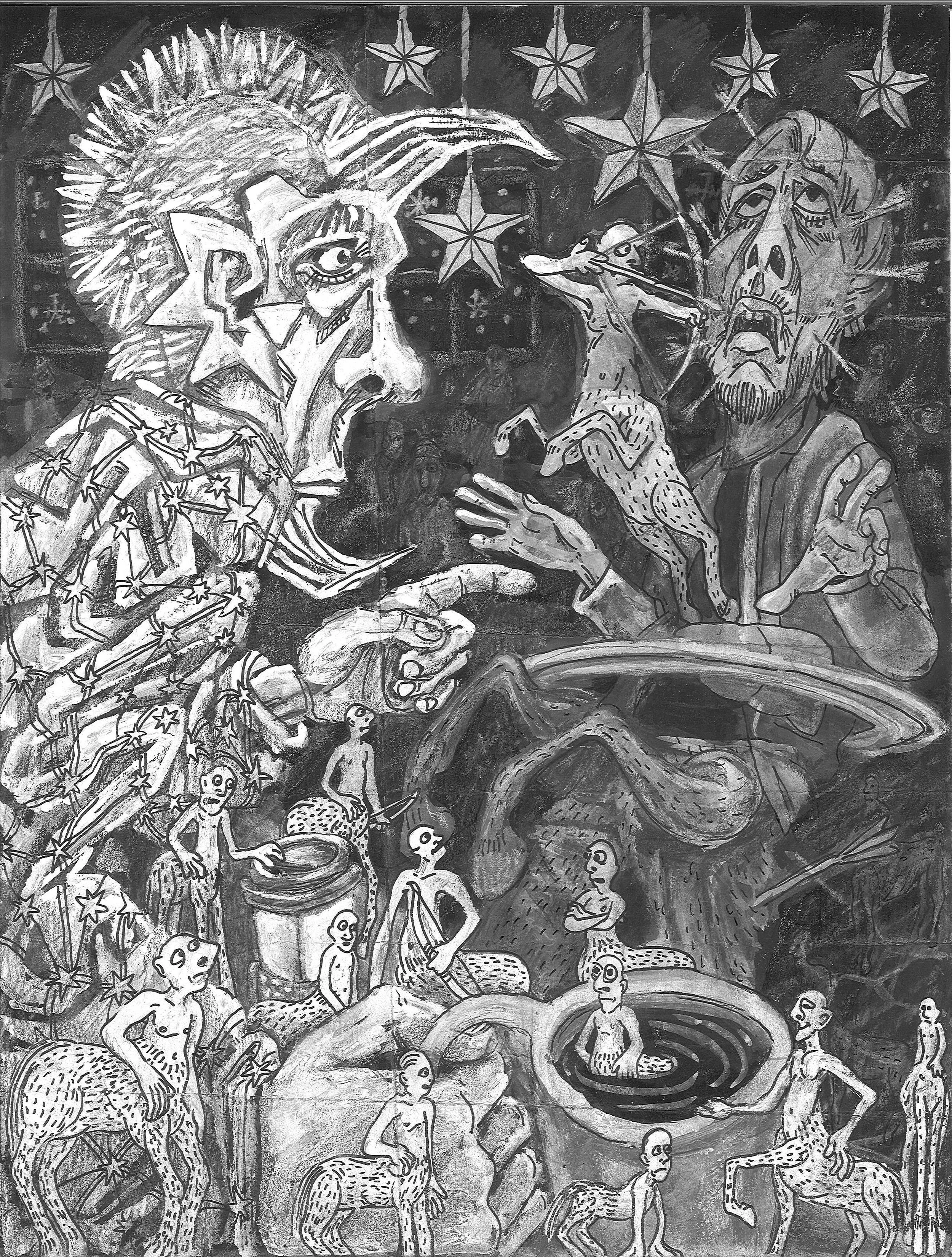 Discovered to be Born Under Horses, mixed media on paper, 9" x 12", 2024